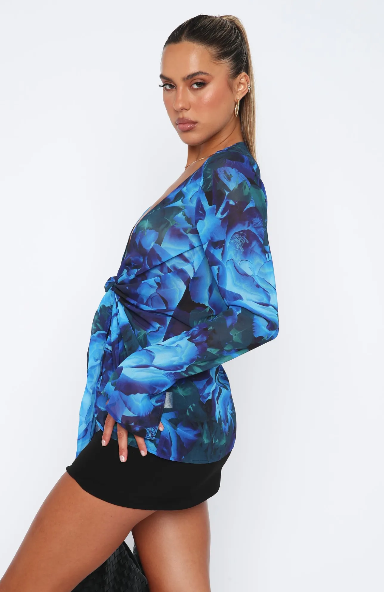 White Fox Boutique Admire Me Tie Front Long Sleeve Top Luminescent Floral blue Clearance