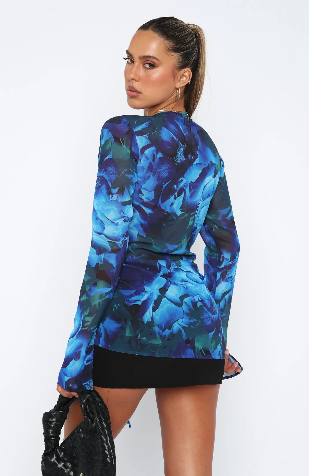 White Fox Boutique Admire Me Tie Front Long Sleeve Top Luminescent Floral blue Clearance