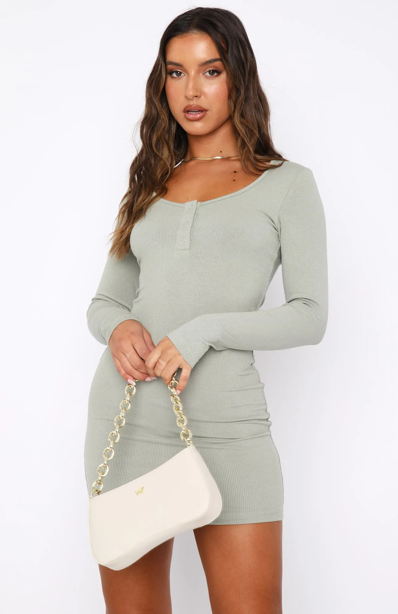 White Fox Boutique All I Wanted Long Sleeve Mini Dress Dusty Sage green Flash Sale