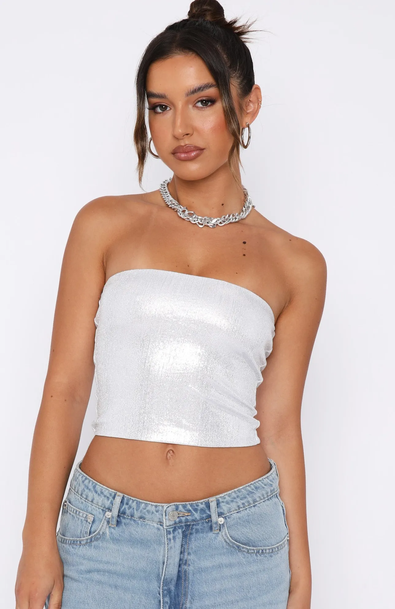 White Fox Boutique Balancing Act Strapless Top silver Outlet