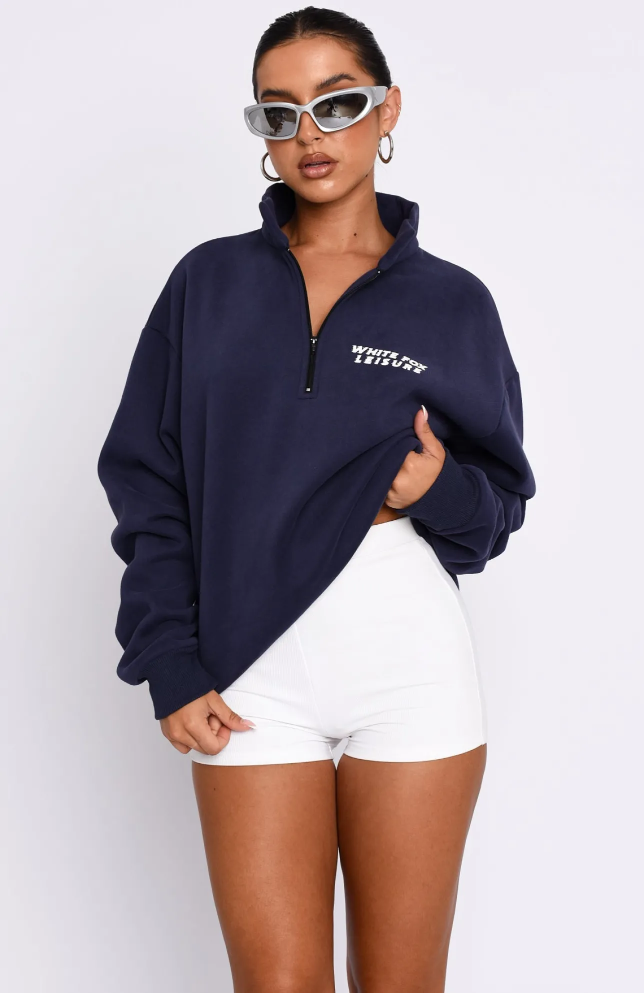 White Fox Boutique Bring It Back Zip Front Sweater Navy blue Fashion