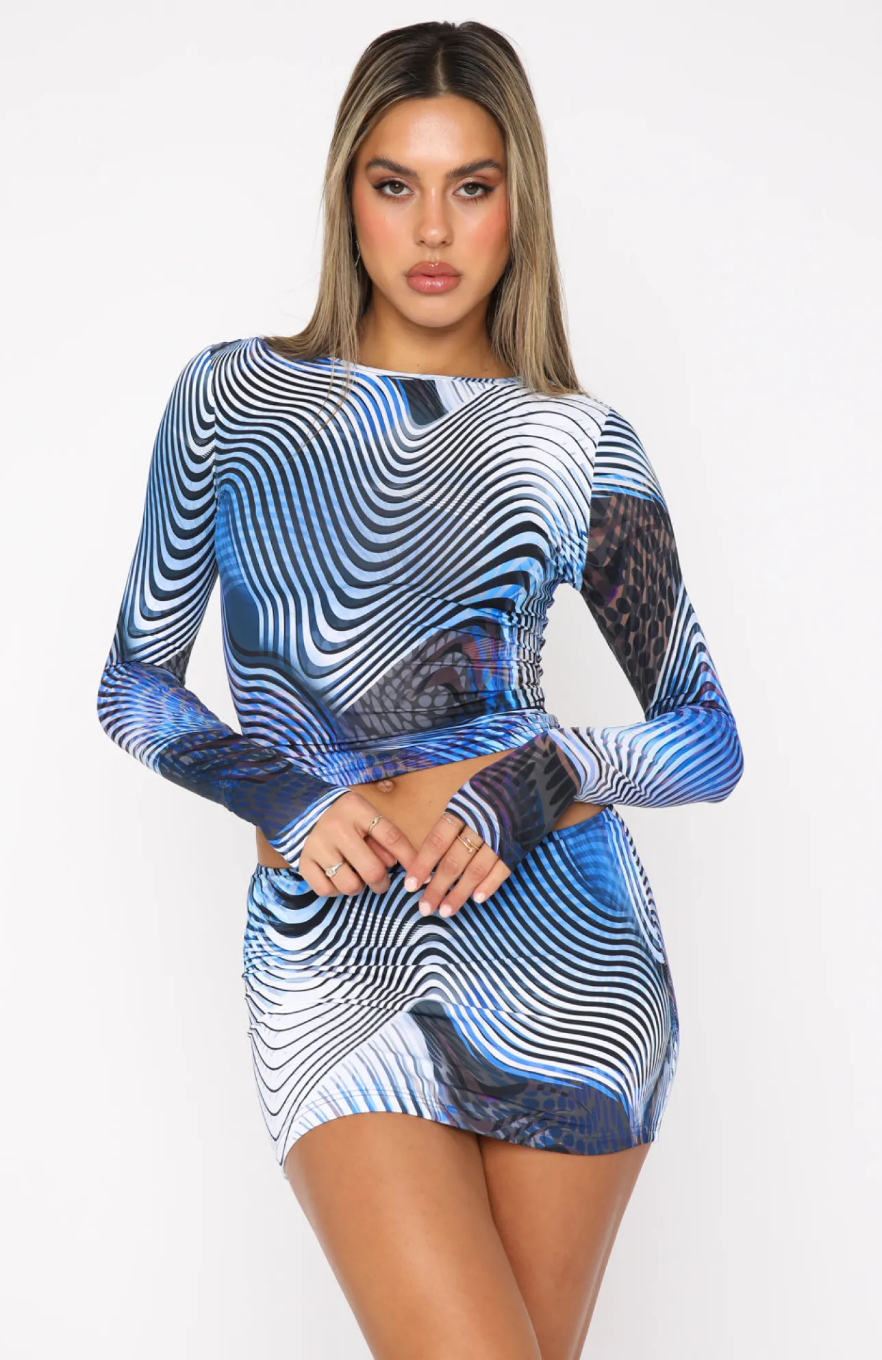 White Fox Boutique Bring Me Along Mini Skirt Illusion blue Hot