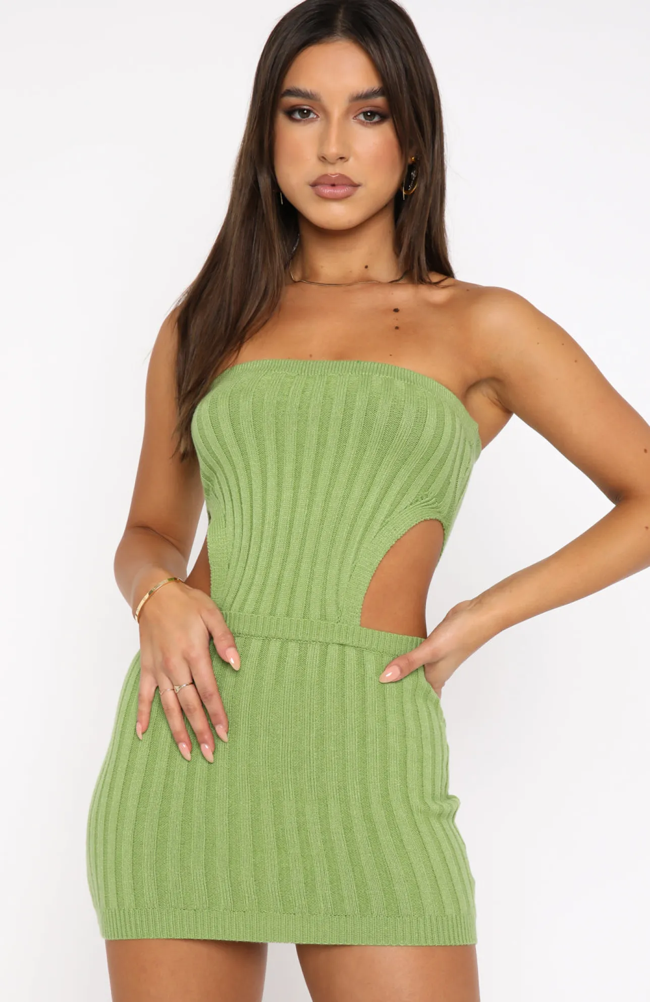 White Fox Boutique Bringing The Heat Ribbed Mini Dress Matcha green Fashion