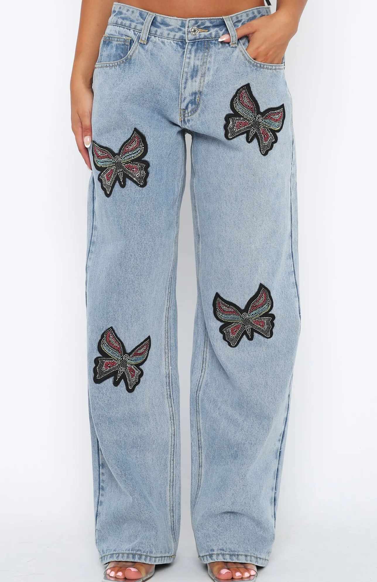 White Fox Boutique Butterfly Kiss Denim Jeans Wash blue Discount