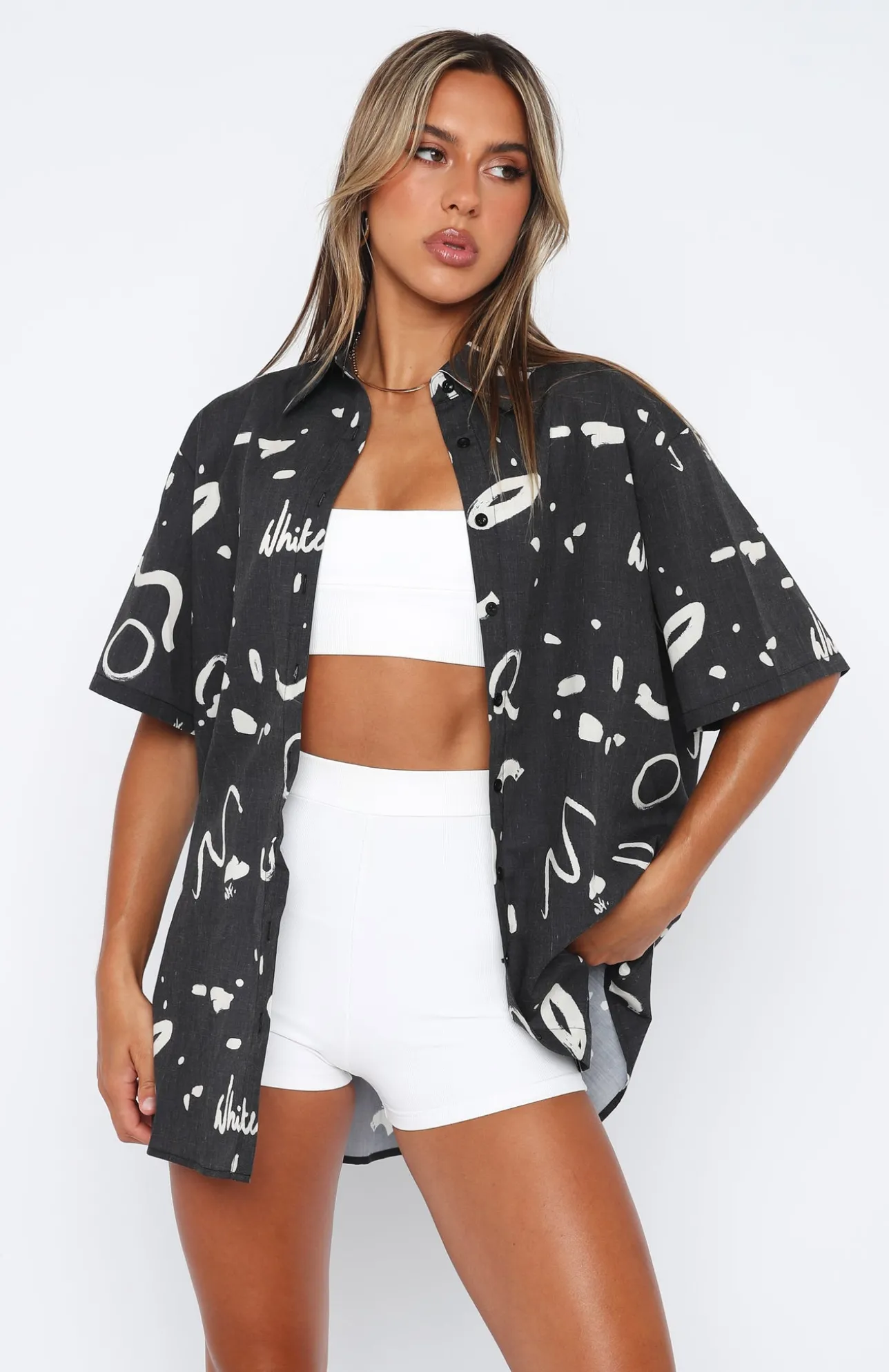 White Fox Boutique Cabo Cutie Button Up Shirt Scribble black Cheap