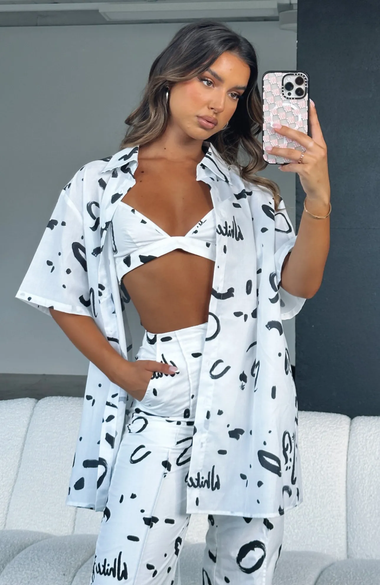 White Fox Boutique Cabo Cutie Button Up Shirt Scribble white Store