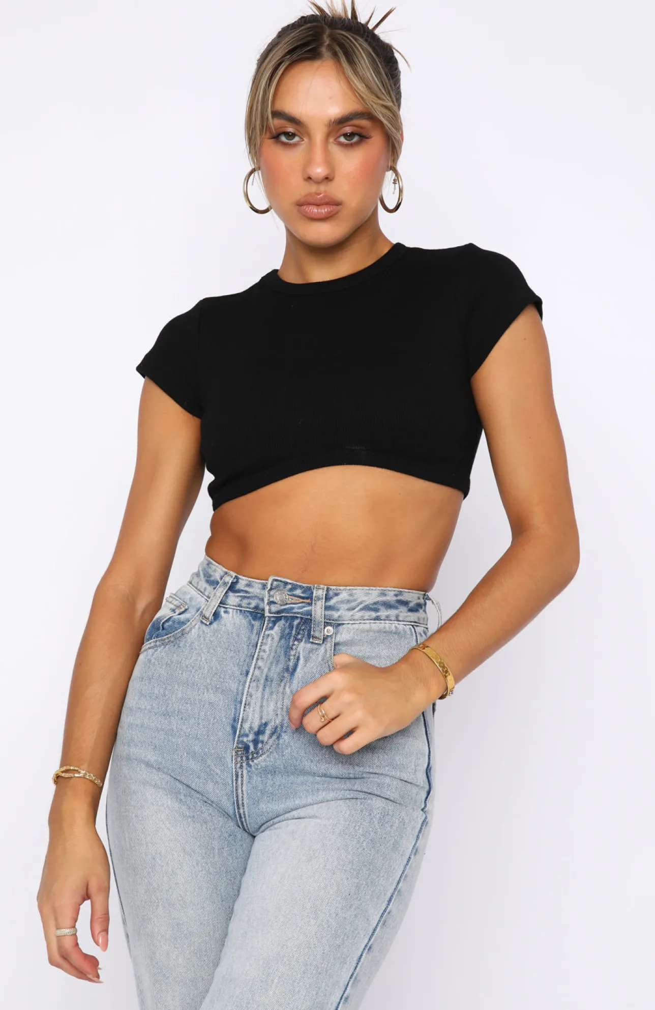 White Fox Boutique Call Me Back Ribbed Crop Tee black Cheap