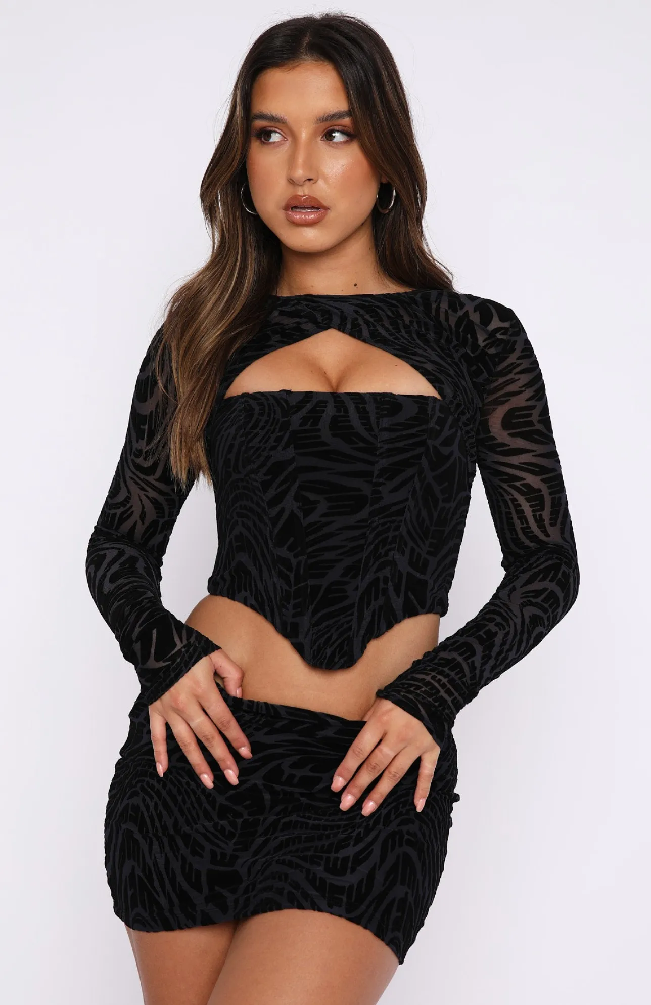White Fox Boutique Can't Relate Long Sleeve Bustier Burnout black Sale