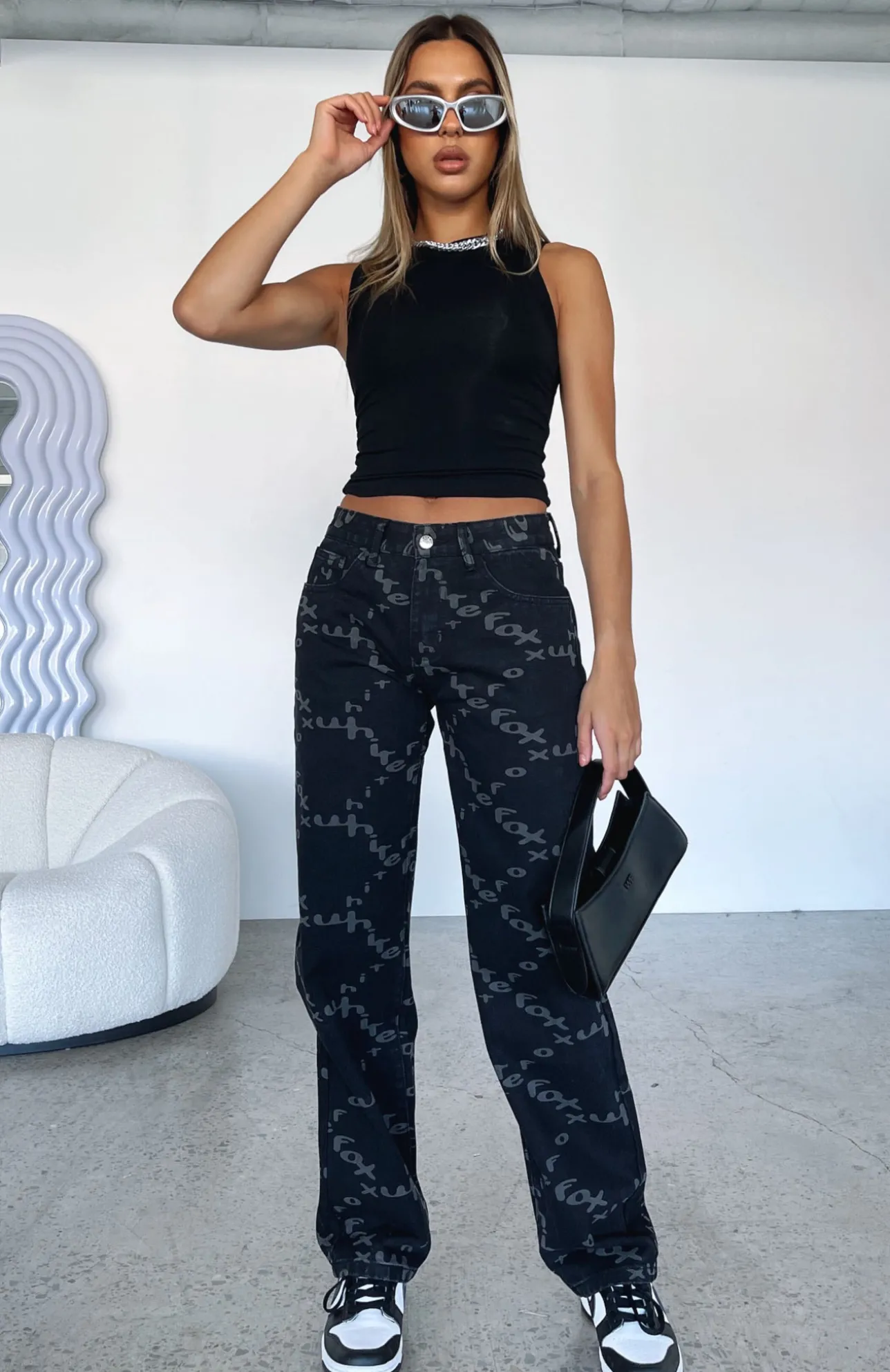 White Fox Boutique Catch Me Out Printed Denim Jeans black Discount