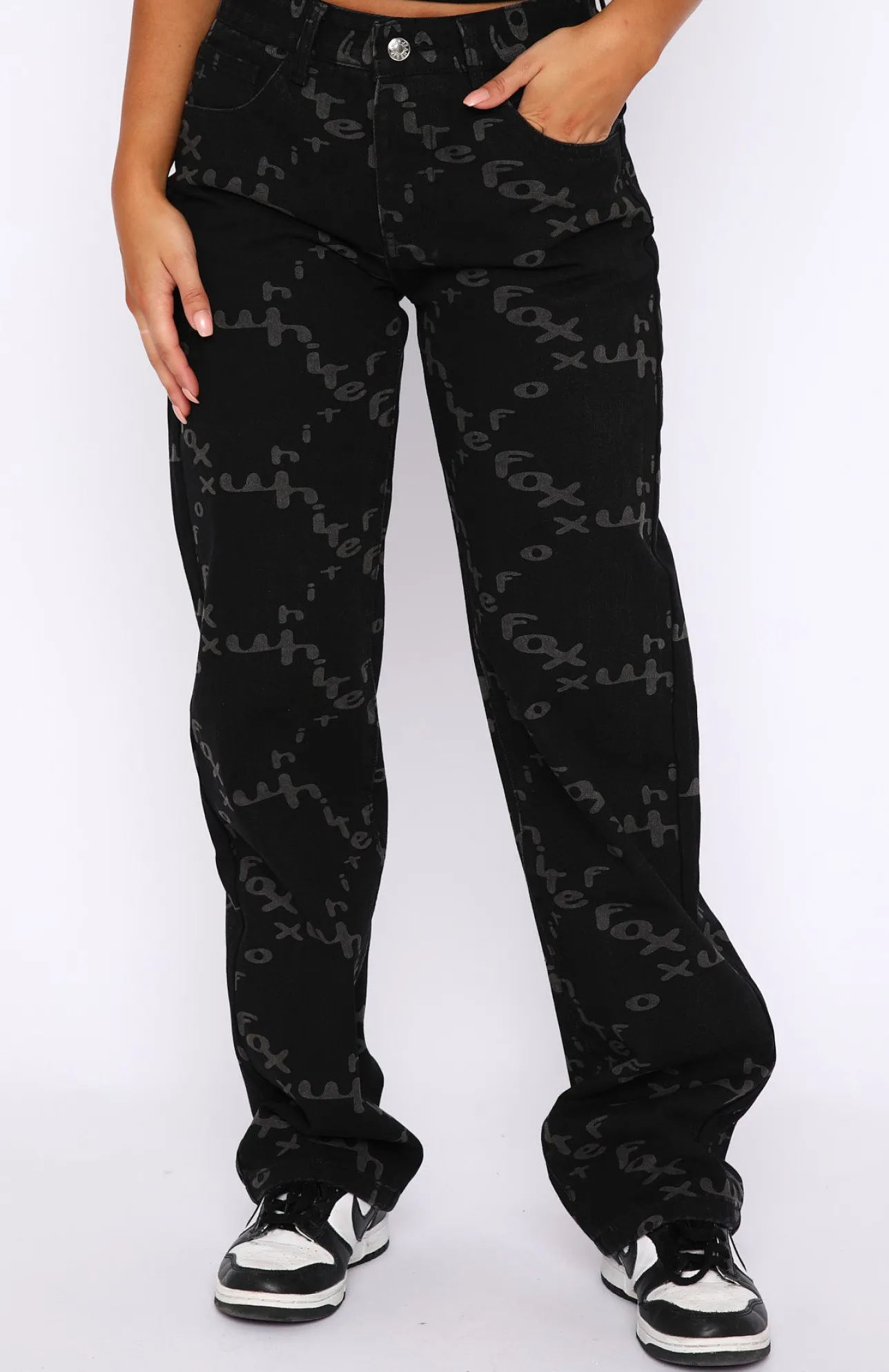 White Fox Boutique Catch Me Out Printed Denim Jeans black Discount