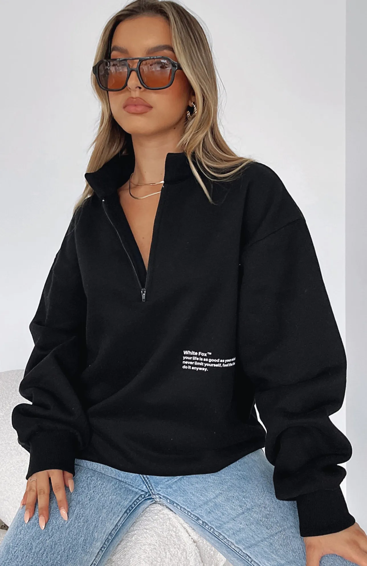 White Fox Boutique Caught Up With You Zip Front Sweater black Hot