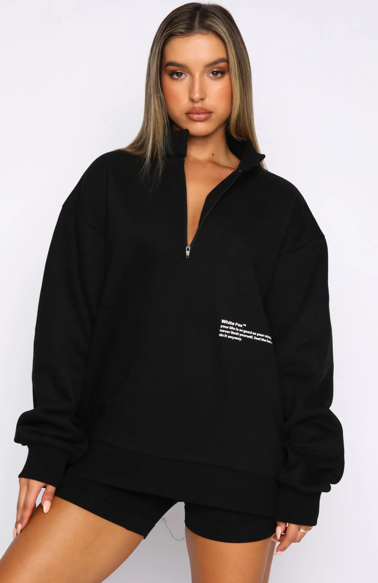 White Fox Boutique Caught Up With You Zip Front Sweater black Hot