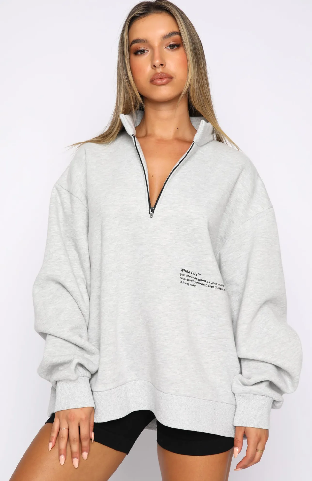 White Fox Boutique Caught Up With You Zip Front Sweater Marle grey Discount