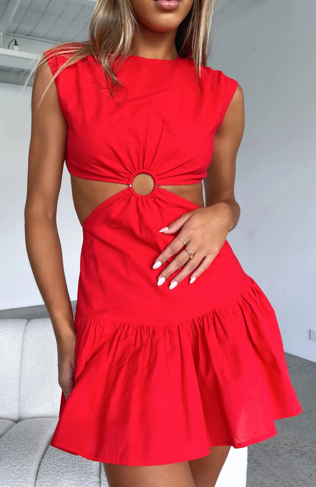 White Fox Boutique Celebrate You Linen Mini Dress red New