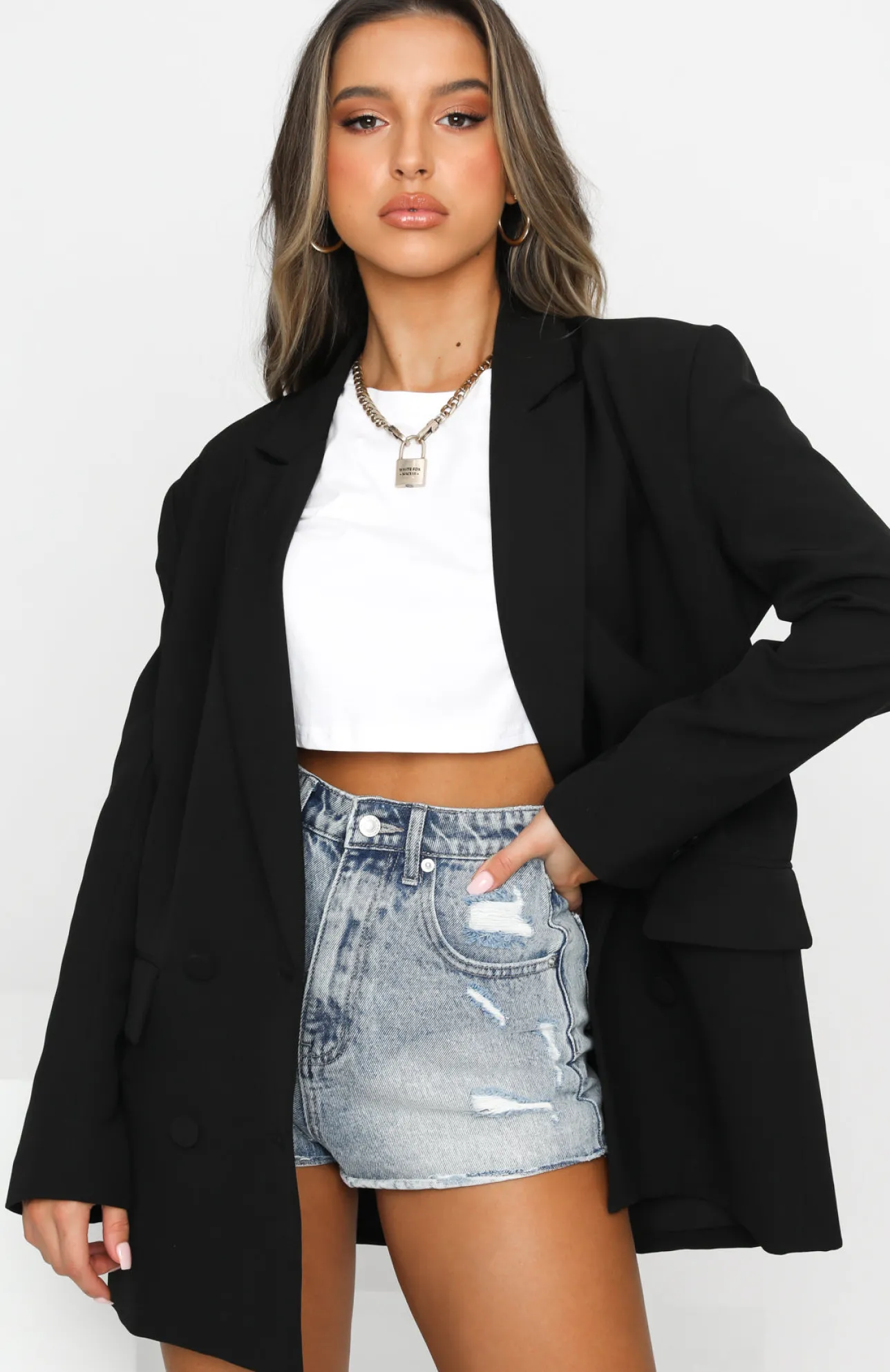 White Fox Boutique Chain Reaction Oversized Blazer black Flash Sale