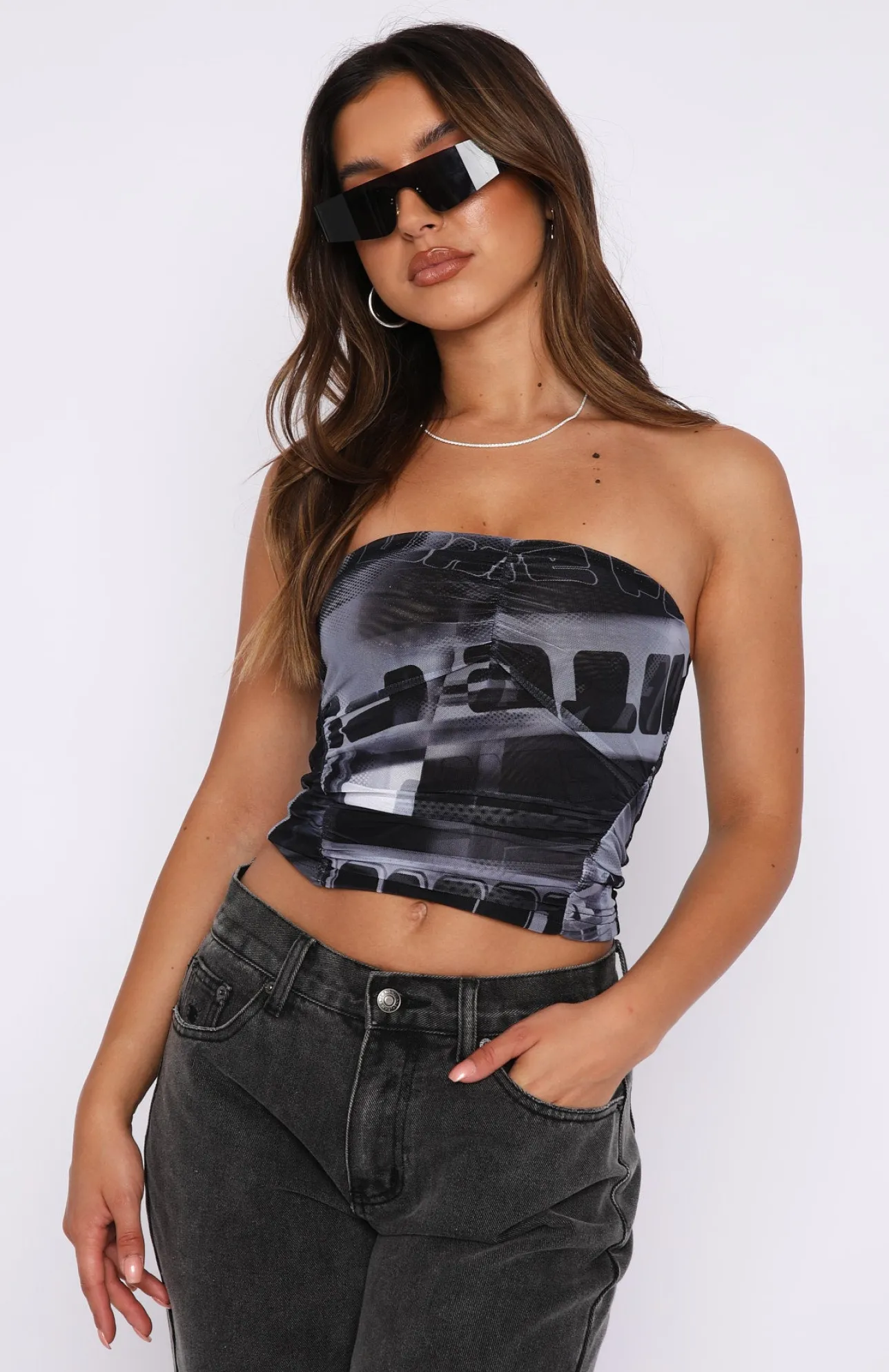 White Fox Boutique City Of Angels Mesh Crop Mono Text black New