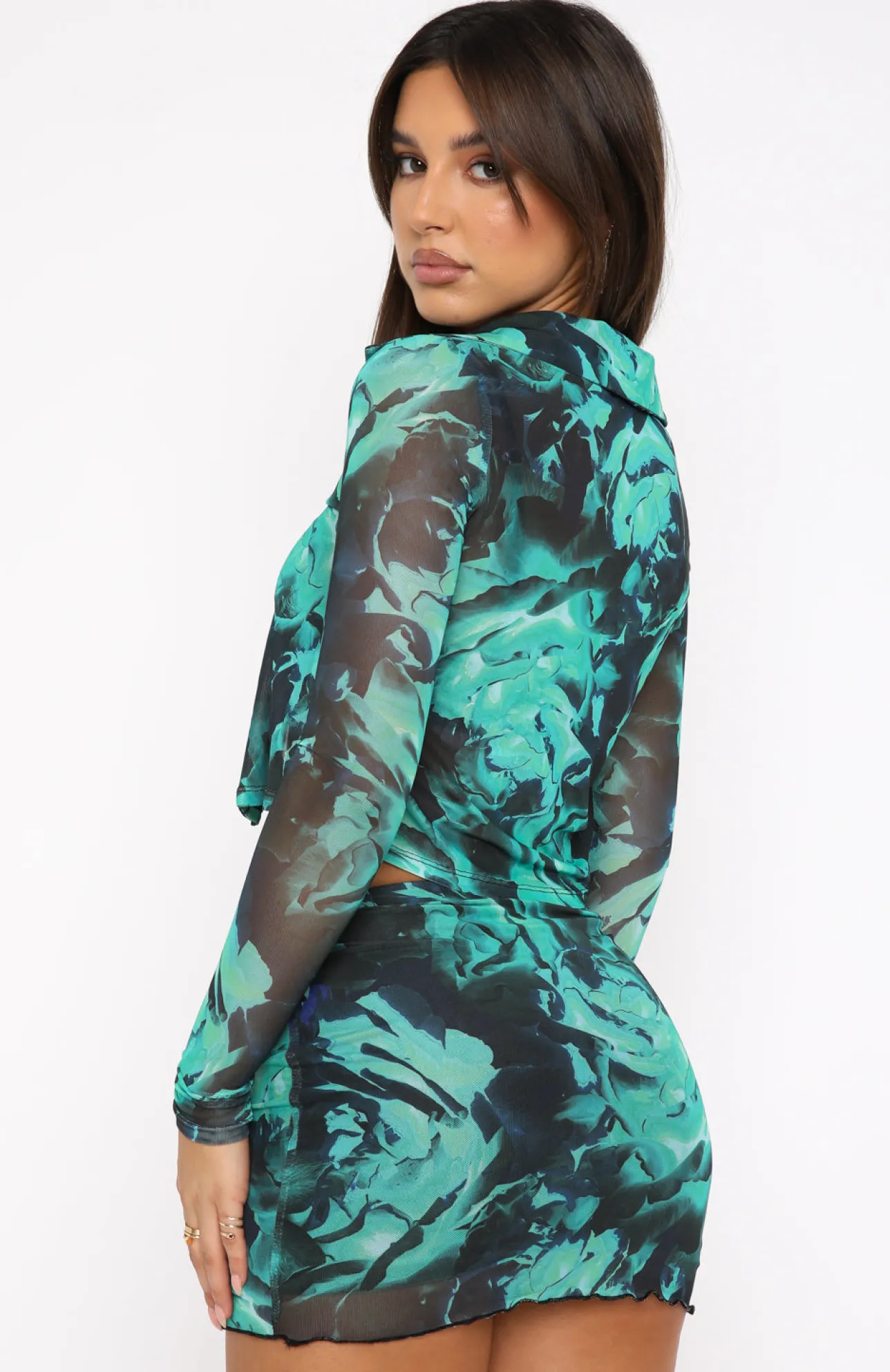 White Fox Boutique Don't Cross Me Long Sleeve Mesh Crop Forest Bloom green Sale