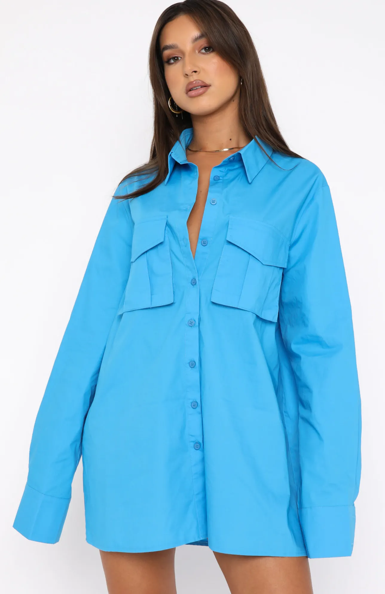 White Fox Boutique Drinks On Me Long Sleeve Shirt Dress Azure blue Fashion