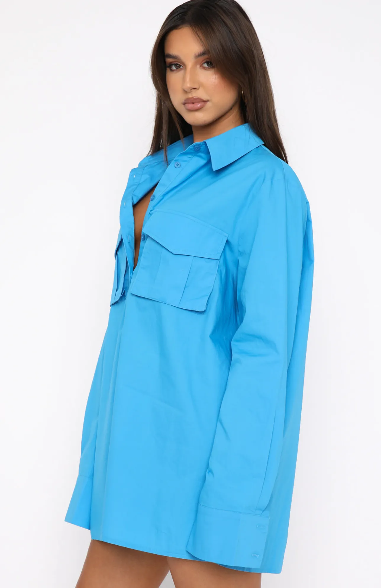 White Fox Boutique Drinks On Me Long Sleeve Shirt Dress Azure blue Fashion