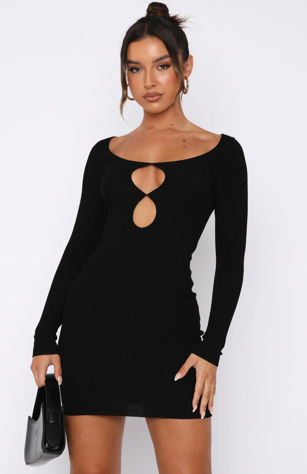 White Fox Boutique Euphoric Long Sleeve Knit Mini Dress black Hot
