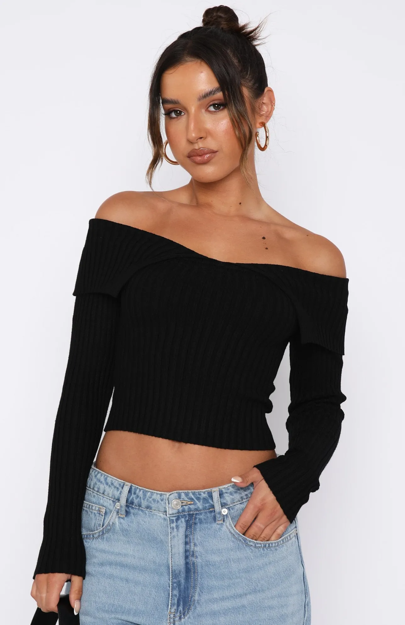 White Fox Boutique Feeling Risky Long Sleeve Knit Top black Shop