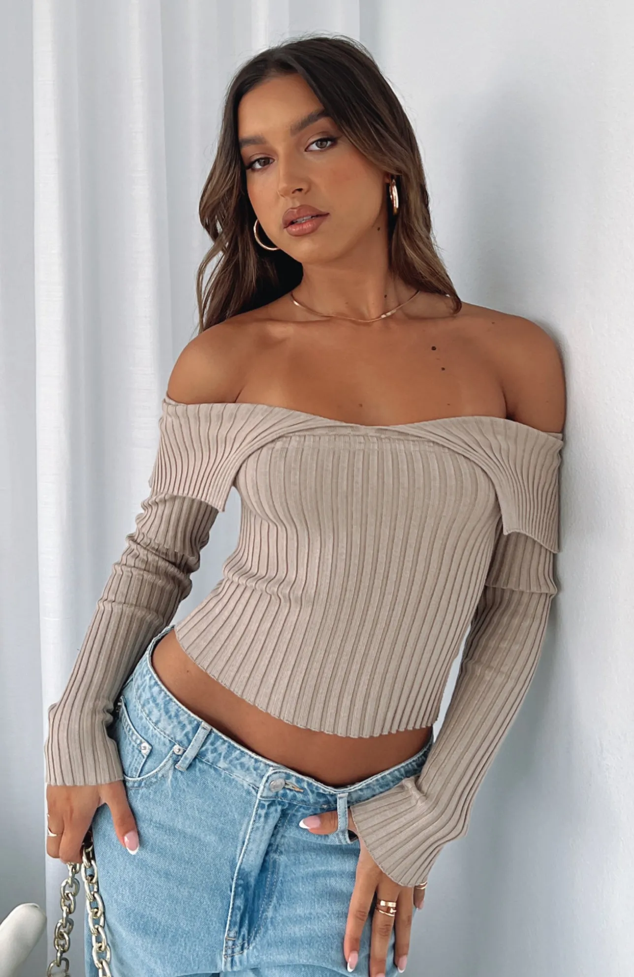 White Fox Boutique Feeling Risky Long Sleeve Knit Top Oat brown Flash Sale