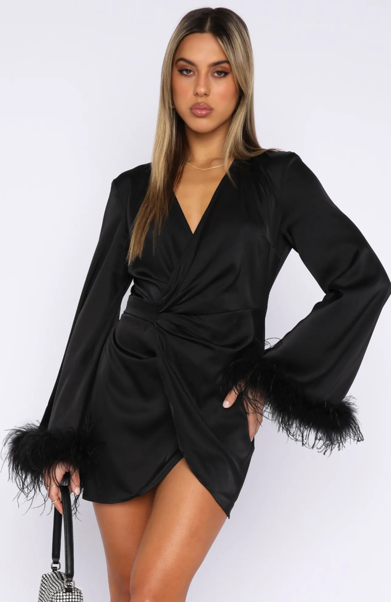 White Fox Boutique First Pick Wrap Long Sleeve Mini Dress black Clearance