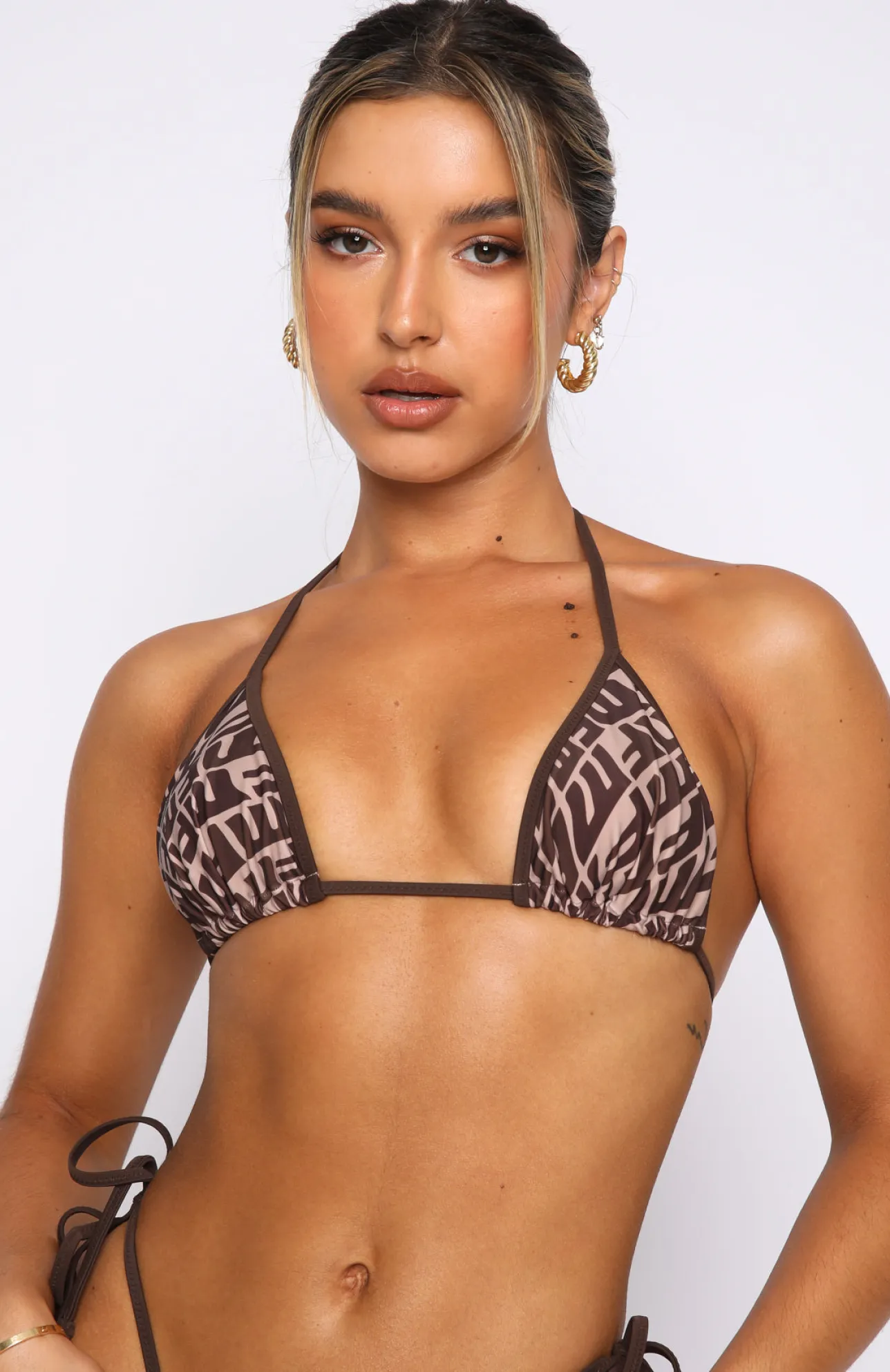 White Fox Boutique Follow The Sun Bikini Top Chocolate Monogram Print brown Flash Sale