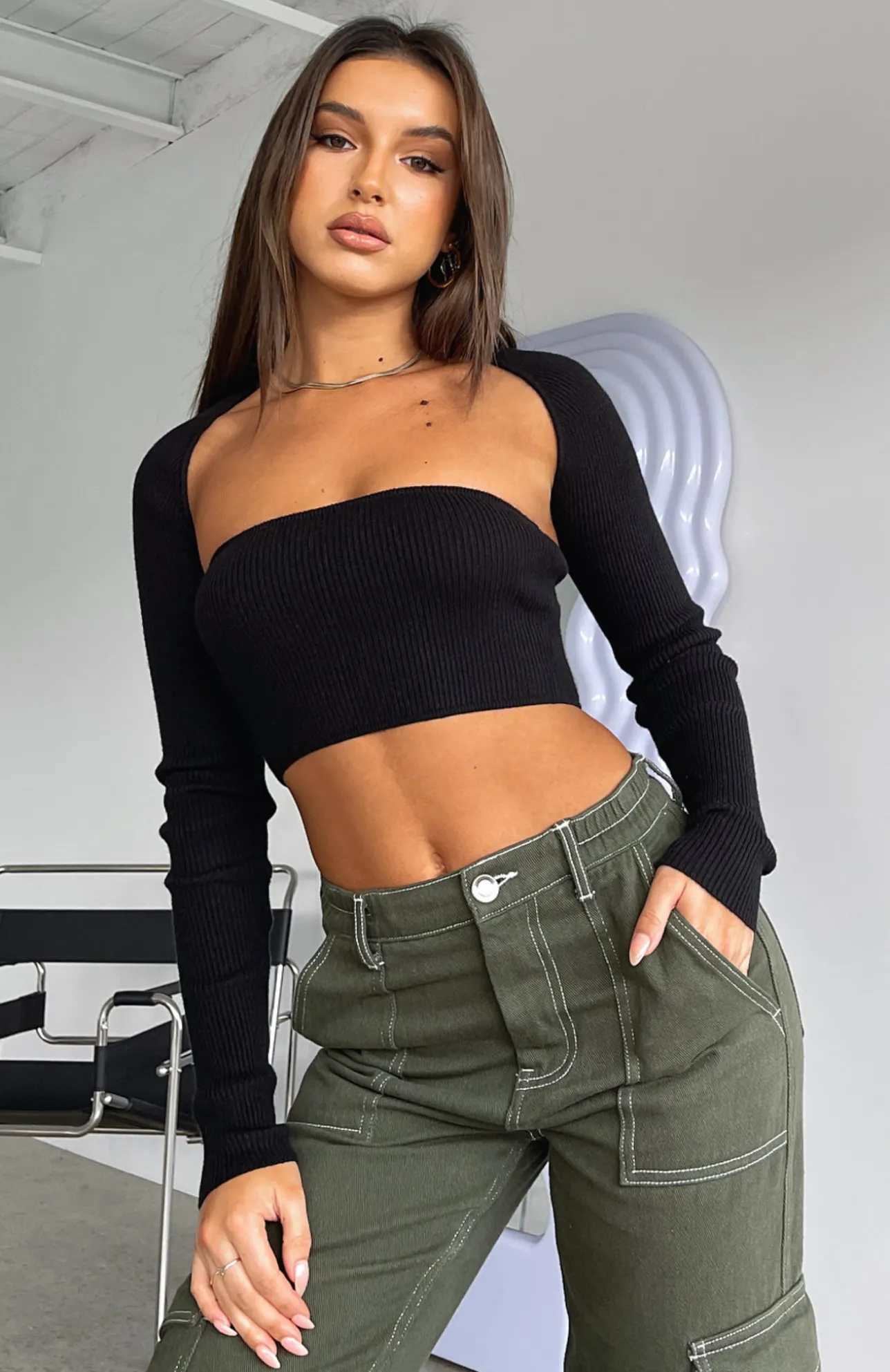 White Fox Boutique Forgetting You Ribbed Knit Long Sleeve Crop black New