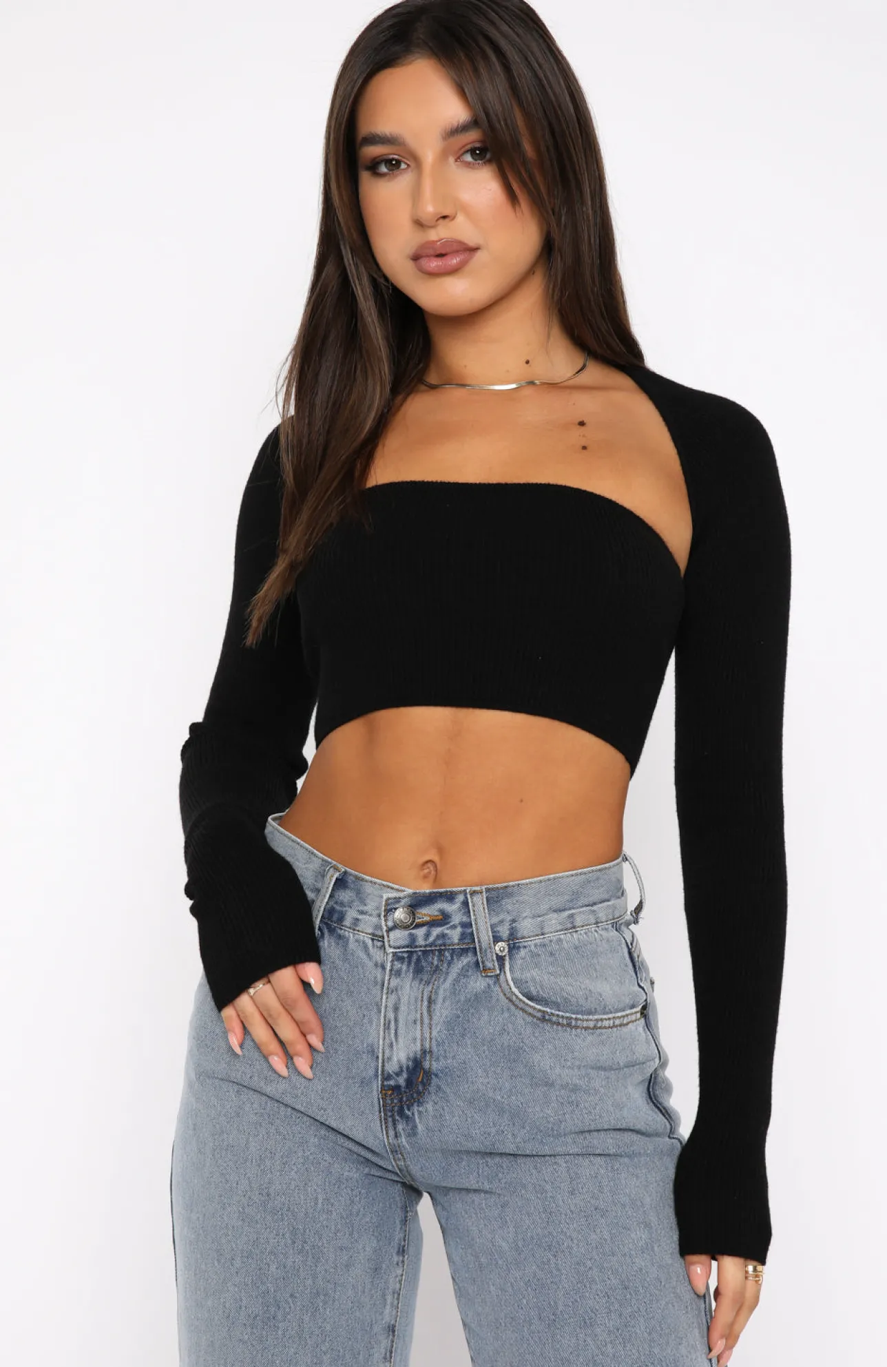 White Fox Boutique Forgetting You Ribbed Knit Long Sleeve Crop black New