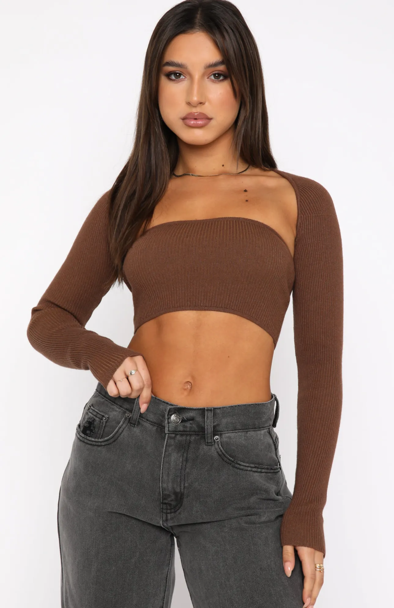 White Fox Boutique Forgetting You Ribbed Knit Long Sleeve Crop Chocolate brown Discount