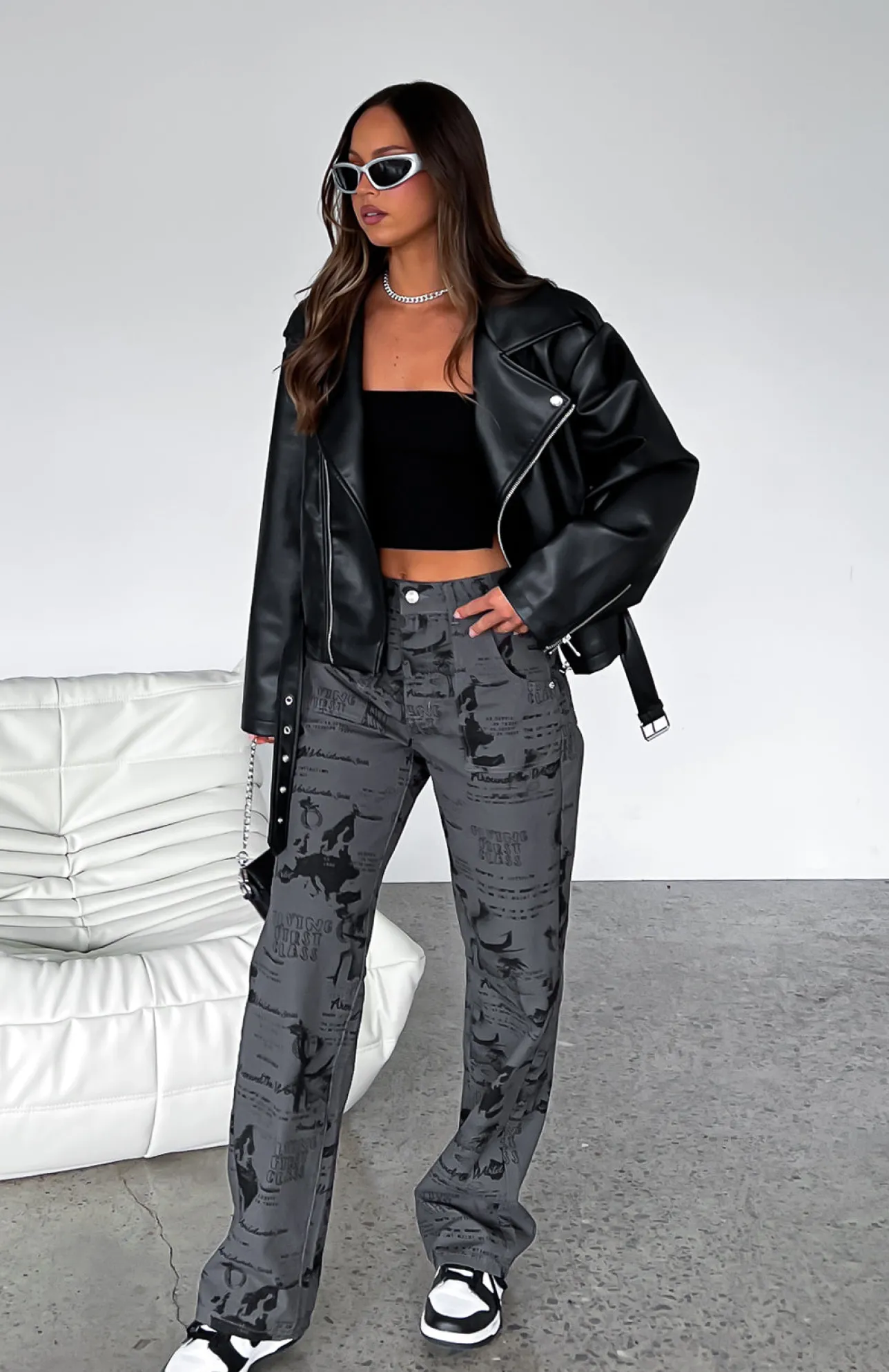 White Fox Boutique Give Me A Break Printed Cargo Pants Charcoal grey Best Sale