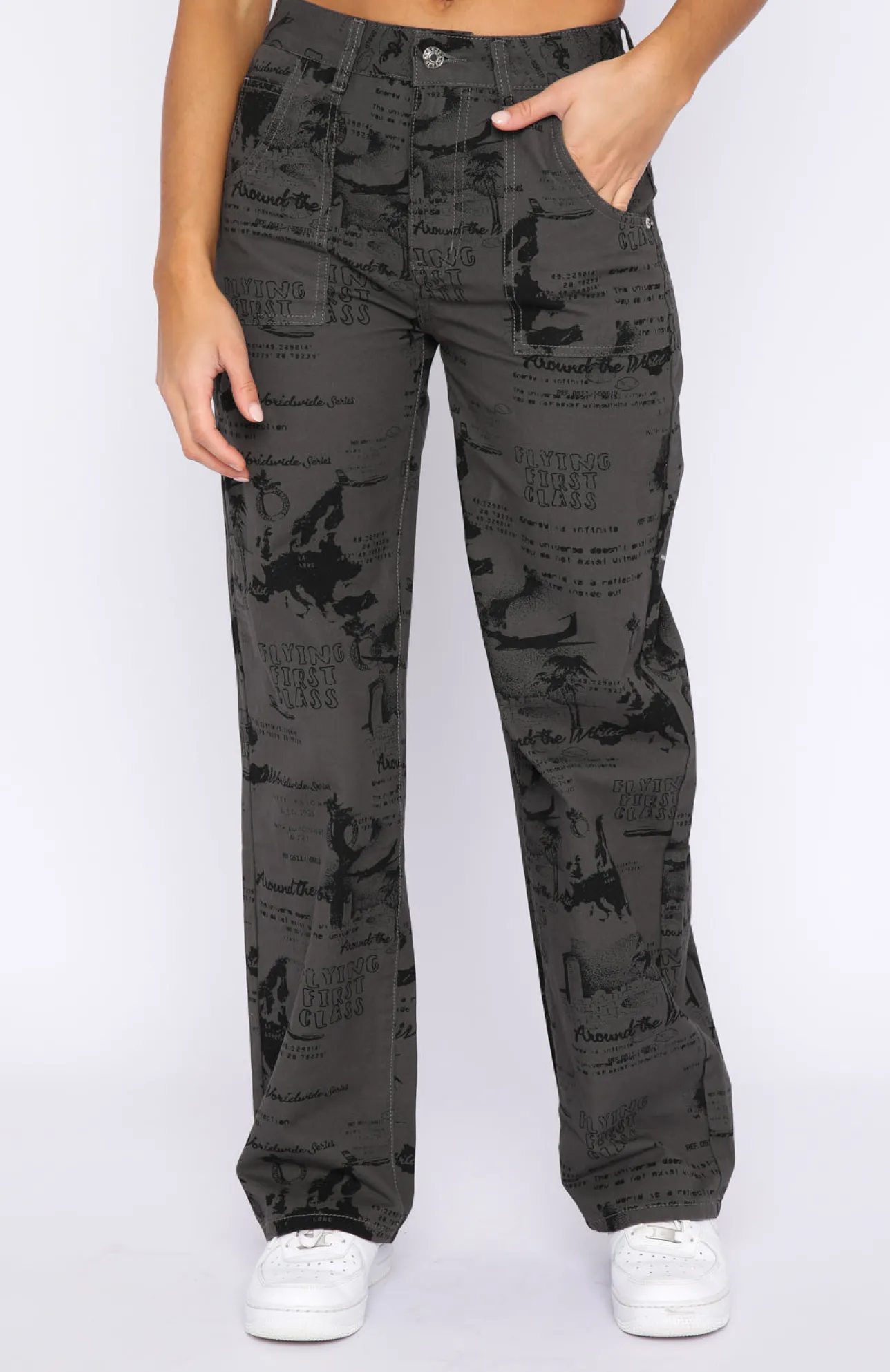 White Fox Boutique Give Me A Break Printed Cargo Pants Charcoal grey Best Sale