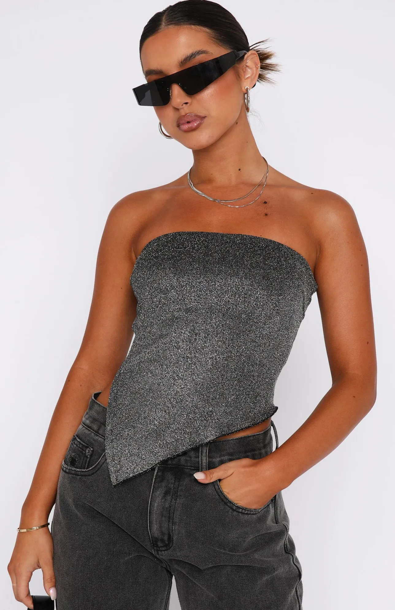White Fox Boutique Glamorous Girl Strapless Top Black/ silver Discount