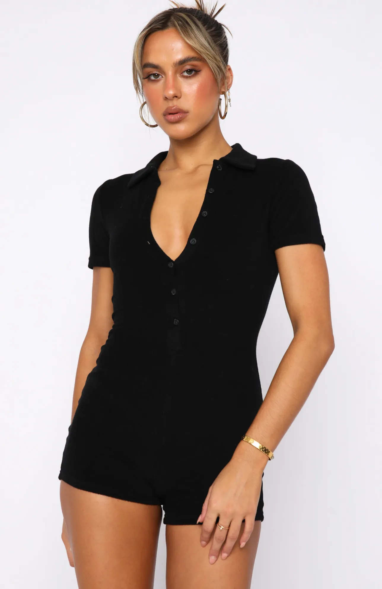 White Fox Boutique Golden Light Terry Playsuit black New