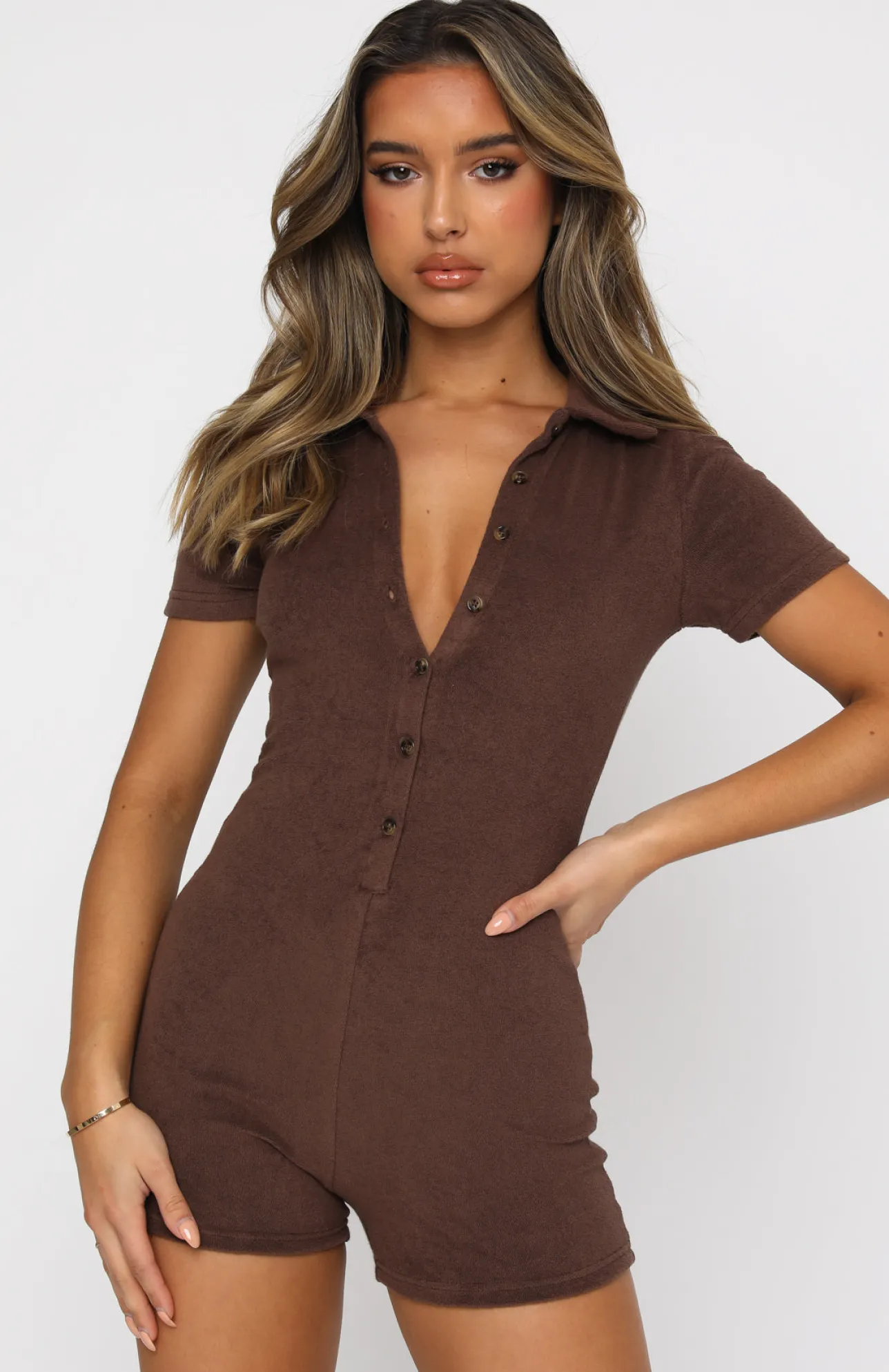 White Fox Boutique Golden Light Terry Playsuit Chocolate brown Cheap