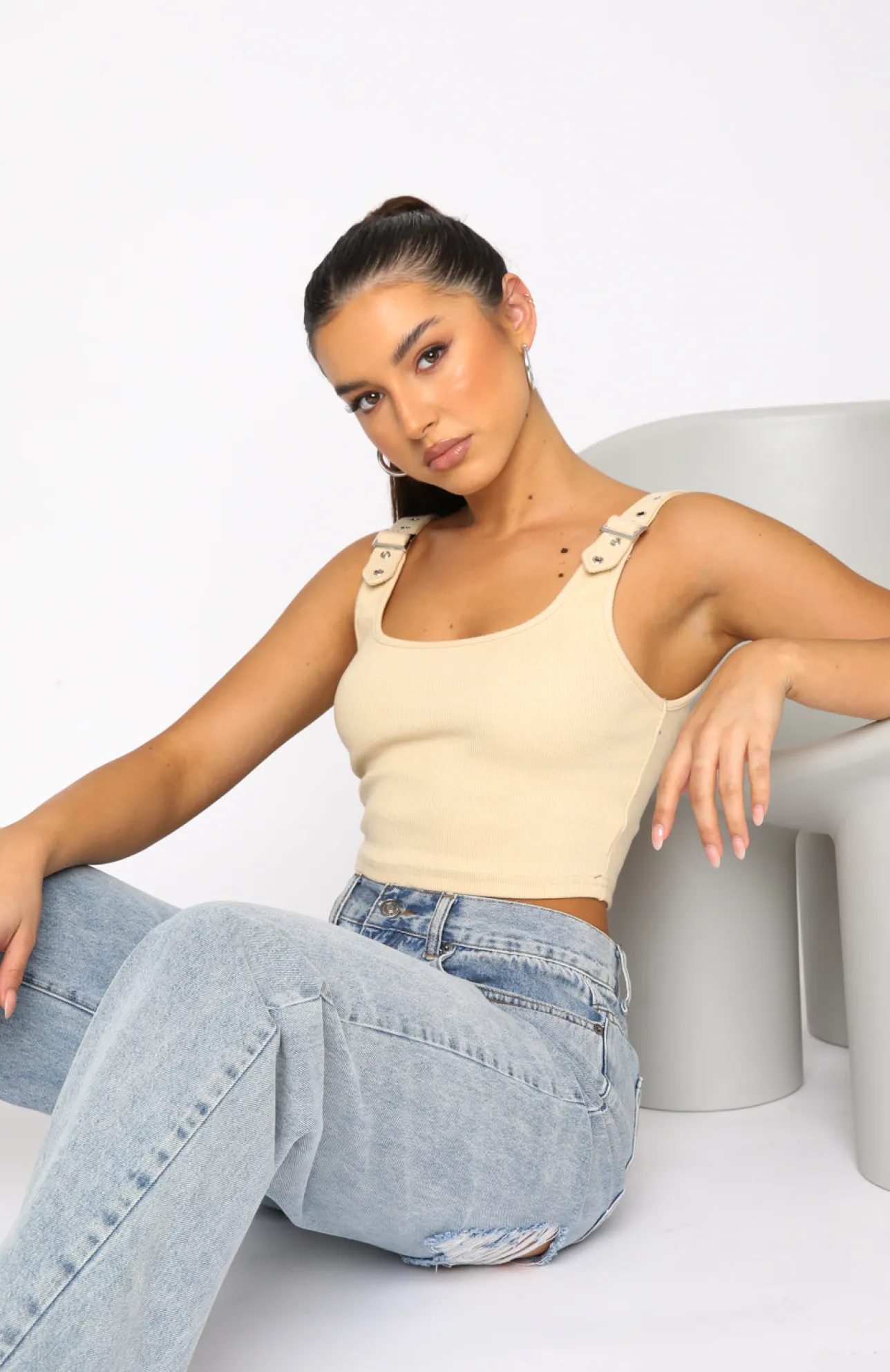 White Fox Boutique Good Choices Ribbed Crop Oatmeal nude New