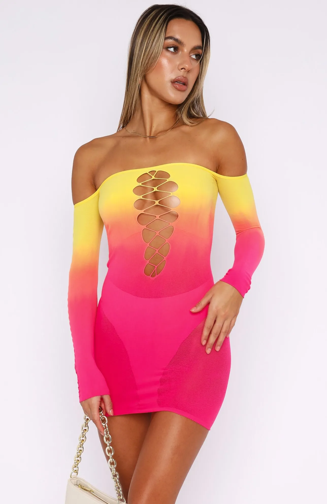 White Fox Boutique Hate To Say Long Sleeve Mini Dress Sunset Gradient multi Hot