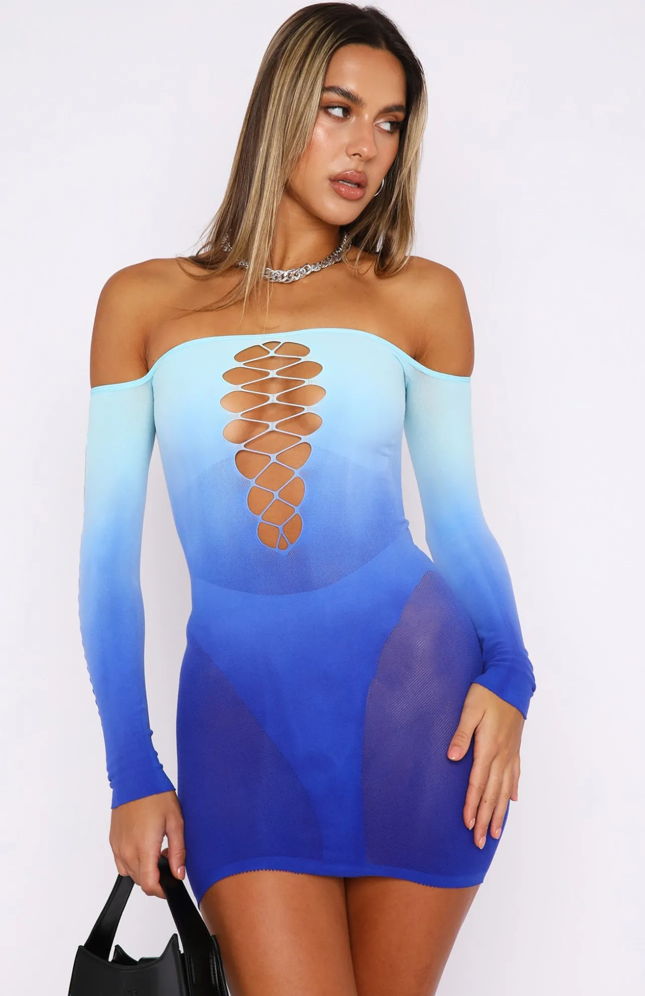 White Fox Boutique Hate To Say Long Sleeve Mini Dress Topaz Gradient blue New