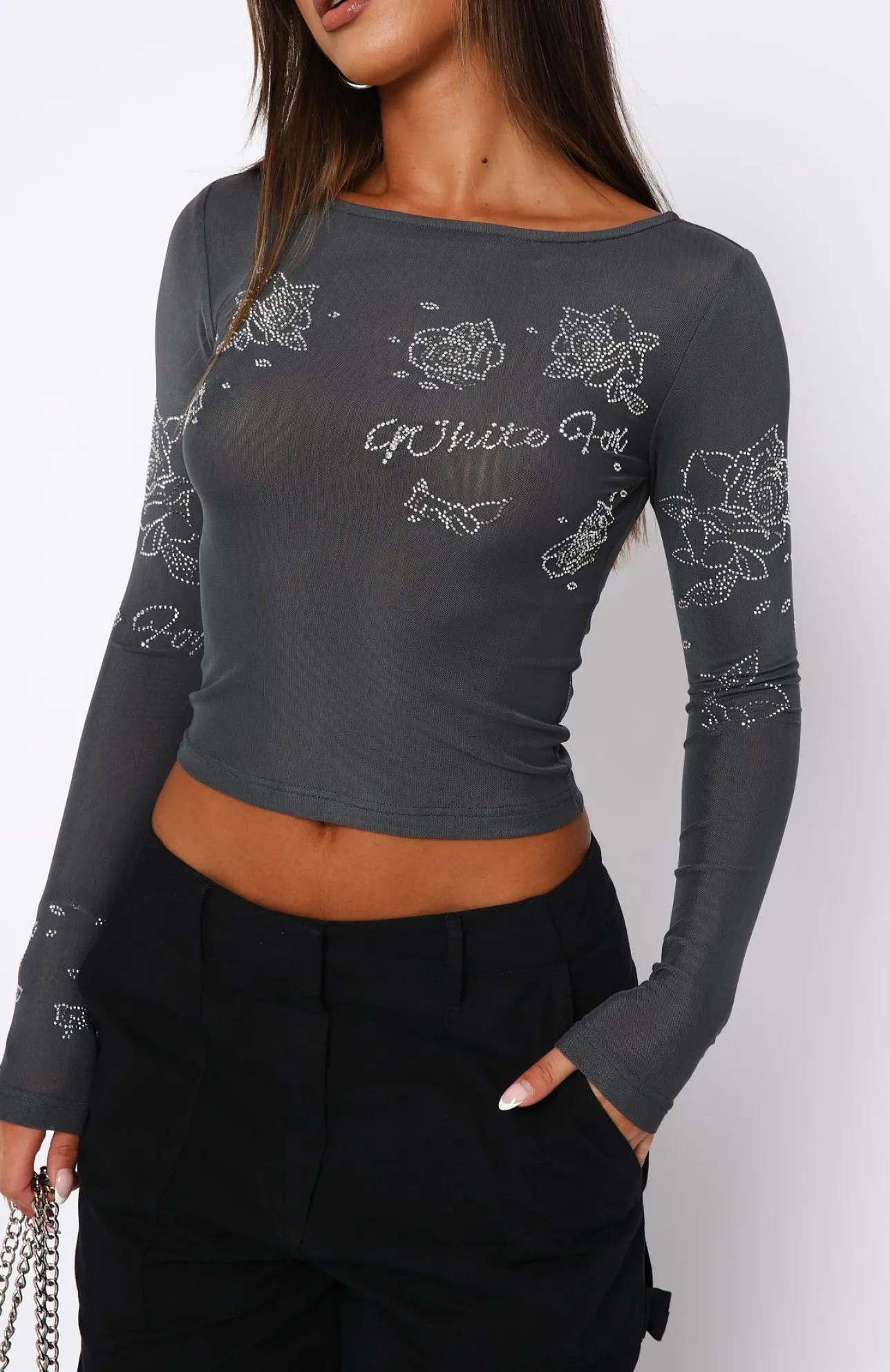 White Fox Boutique Headstrong Long Sleeve Top Charcoal grey Store
