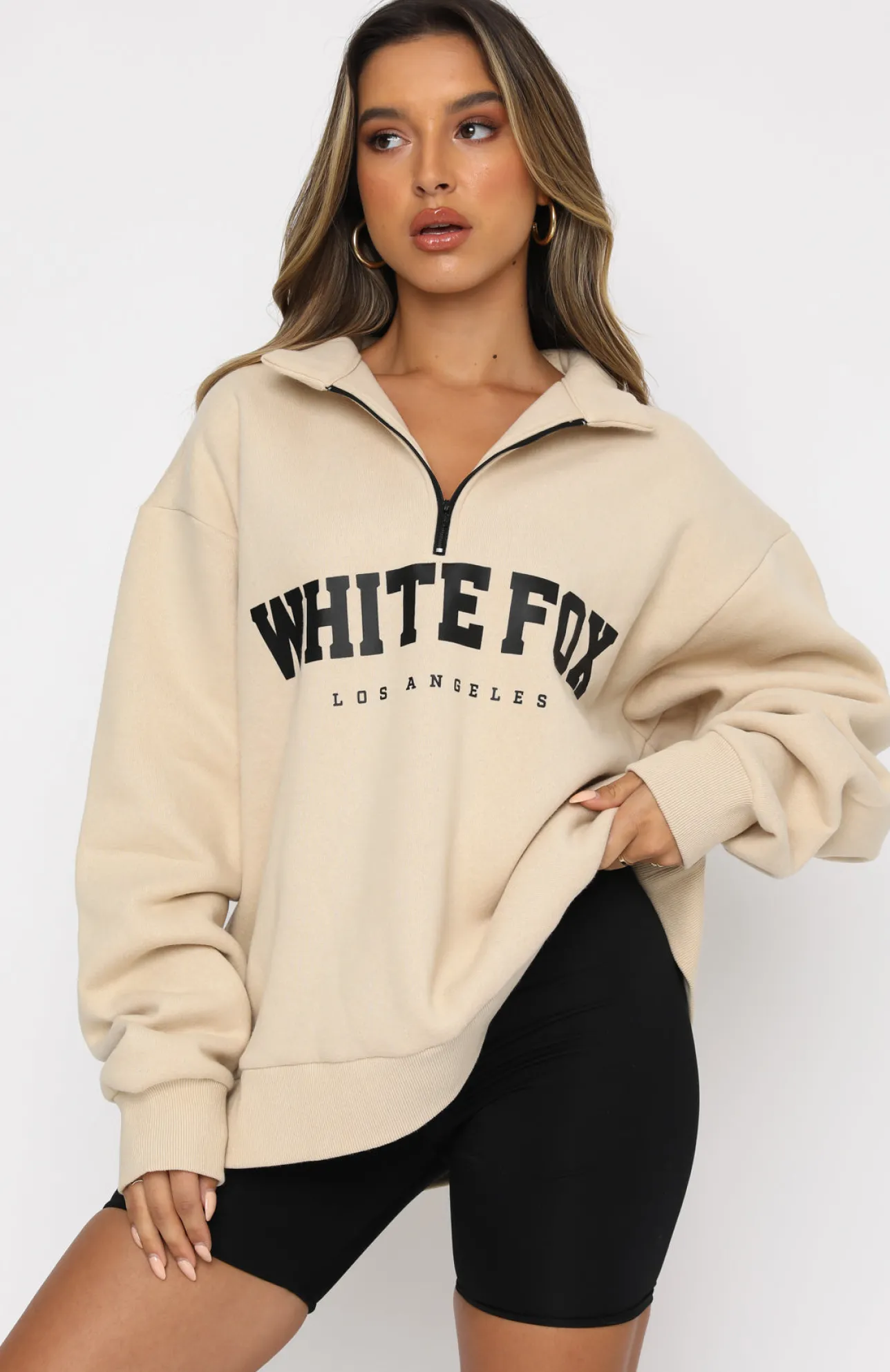 White Fox Boutique High Standard Zip Front Sweater Sand nude Store