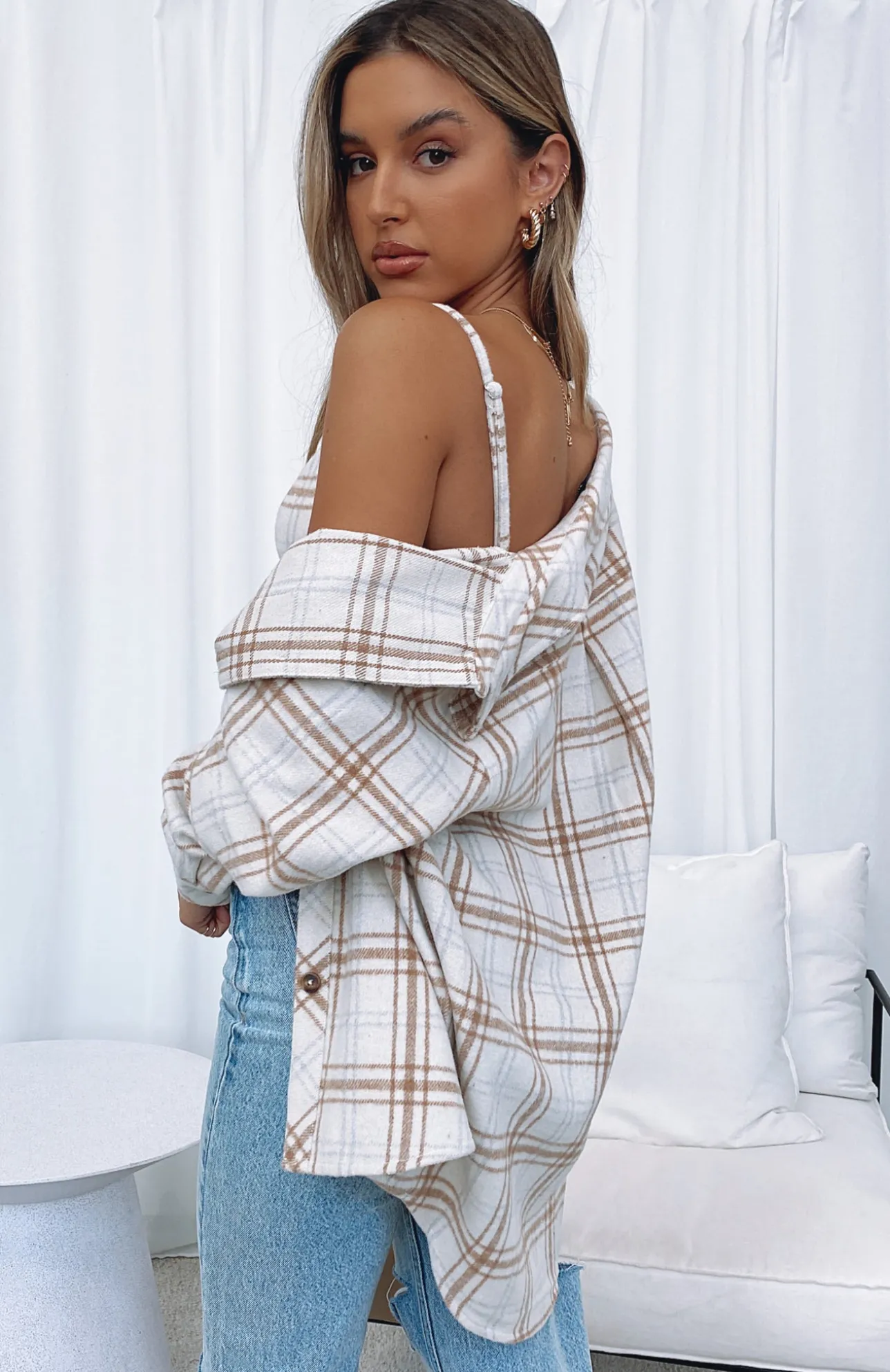 White Fox Boutique I Think Of You Plaid Shirt Cream nude Cheap