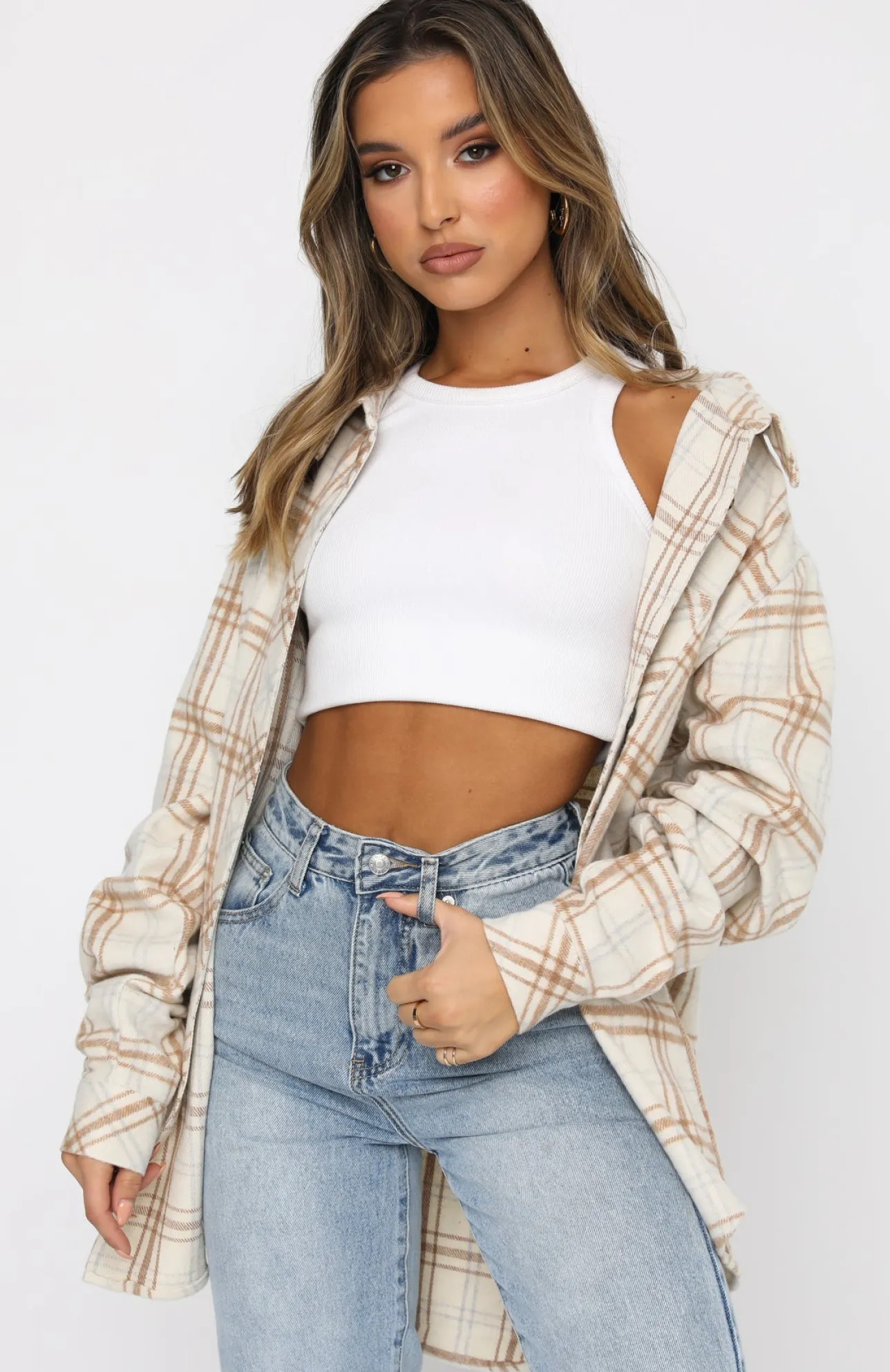 White Fox Boutique I Think Of You Plaid Shirt Cream nude Cheap
