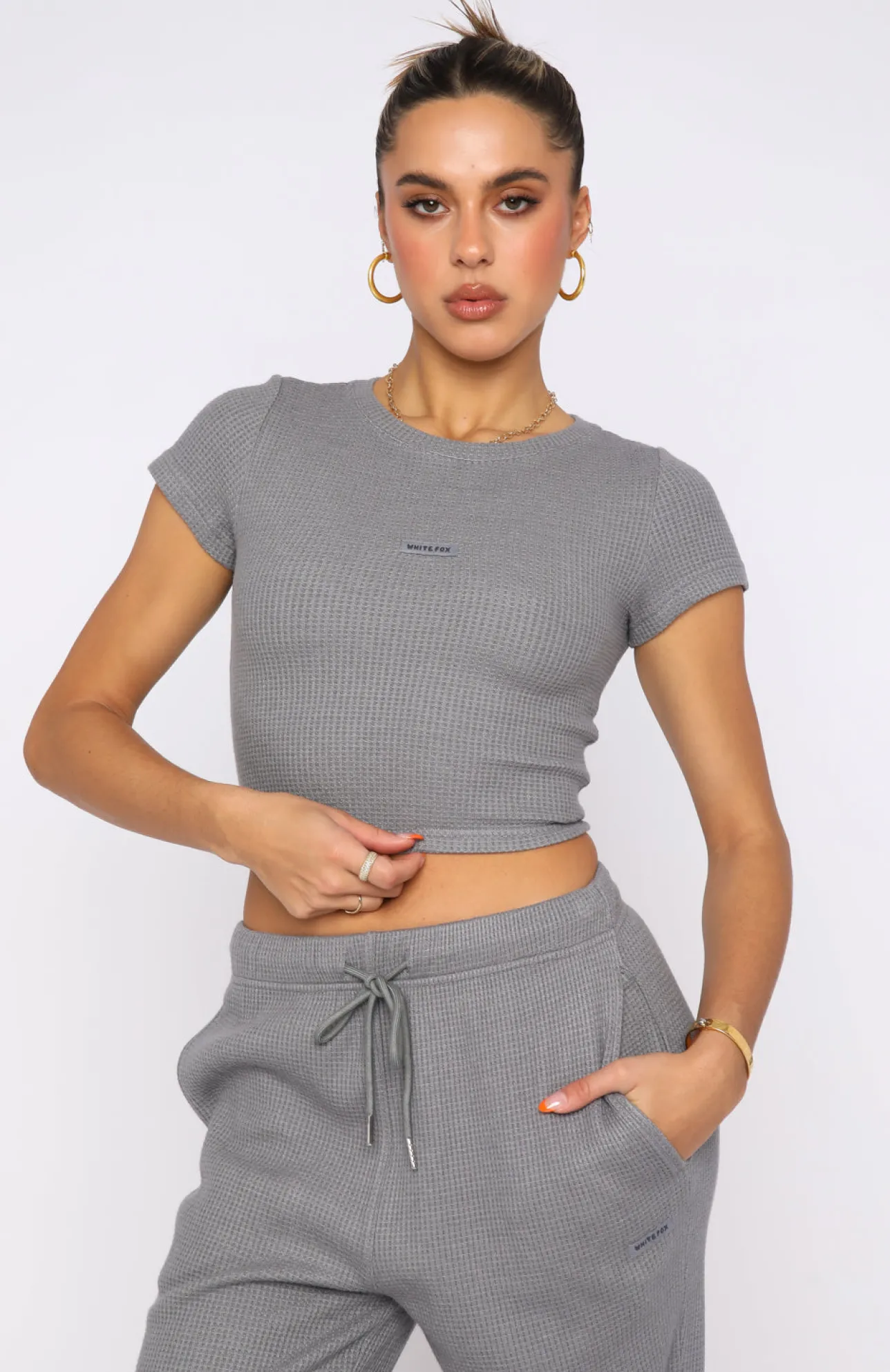 White Fox Boutique I'm Busy Waffle Crop Steel grey New
