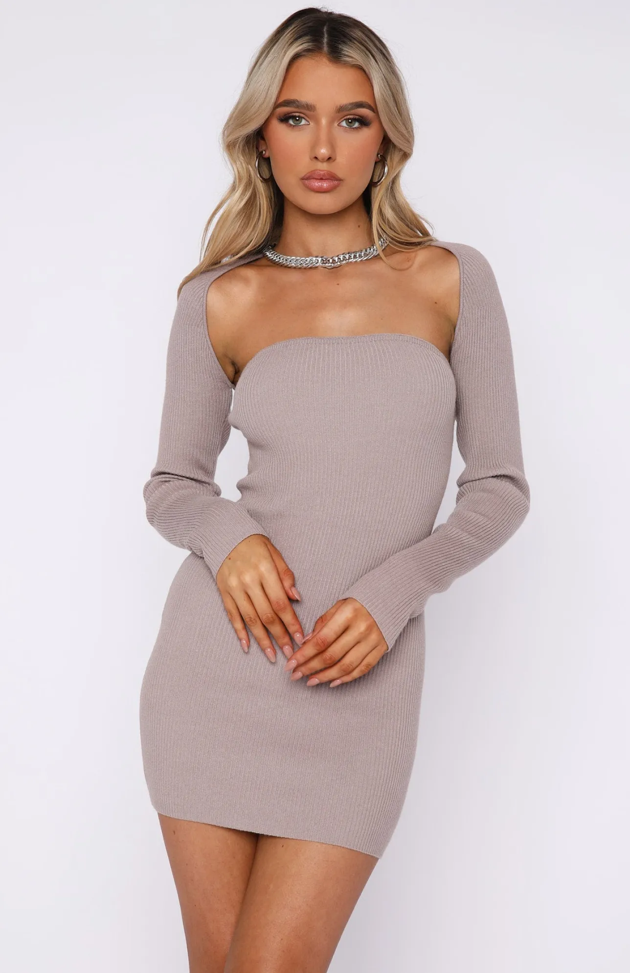 White Fox Boutique In Full Bloom Long Sleeve Mini Dress Taupe nude Clearance