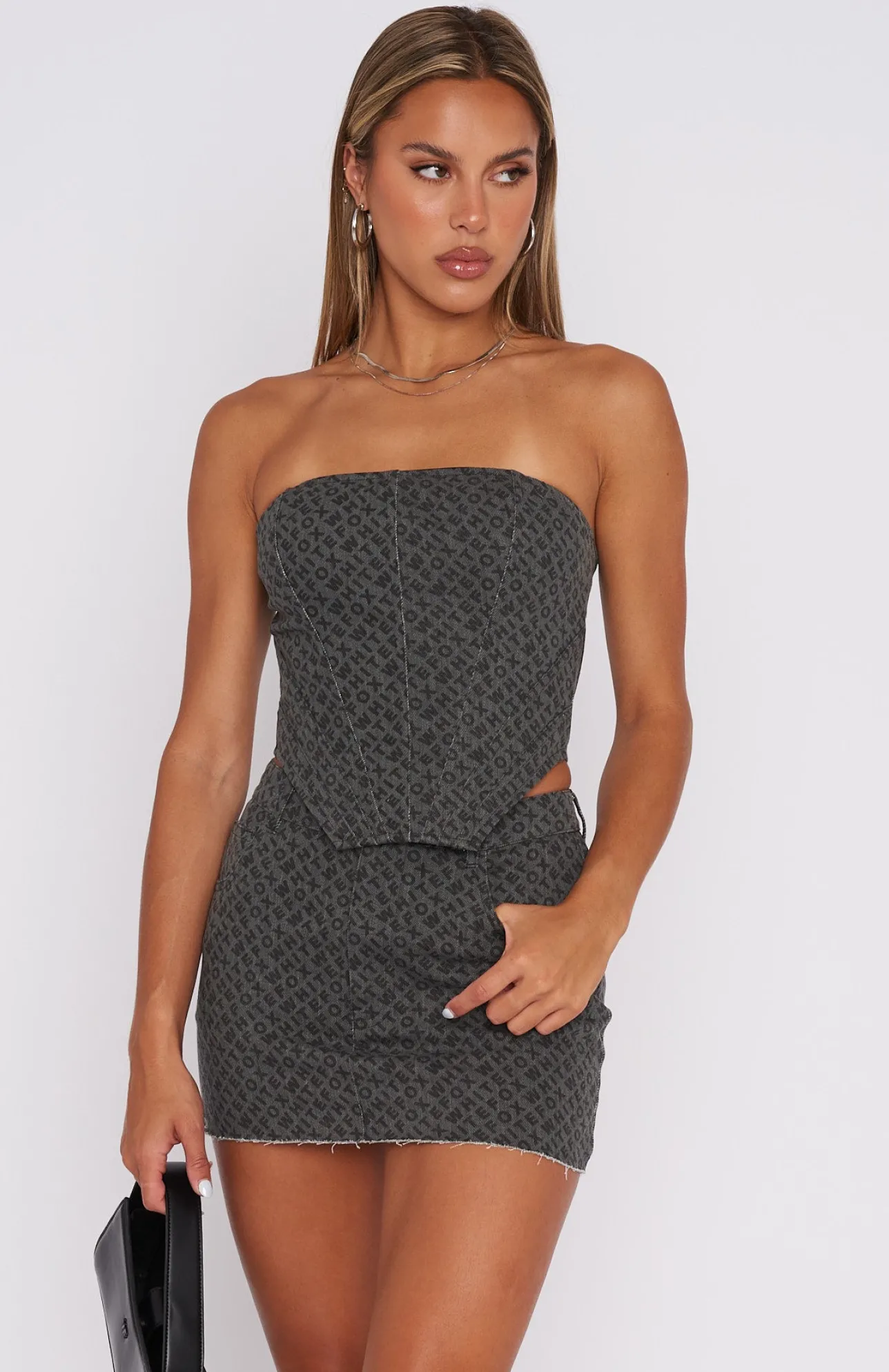 White Fox Boutique Insomnia Strapless Bustier Charcoal Monogram grey Outlet