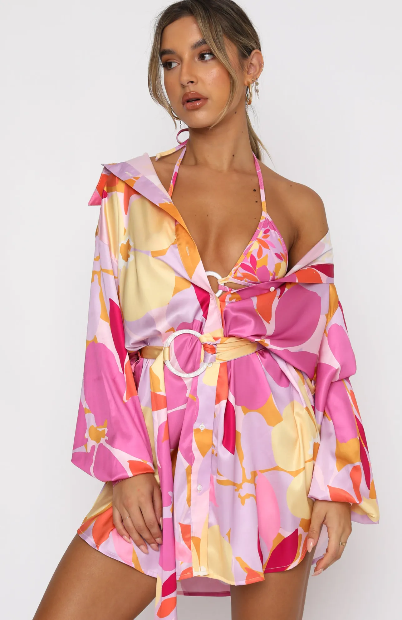 White Fox Boutique Island Dream Shirt Dress Retro Floral multi Shop