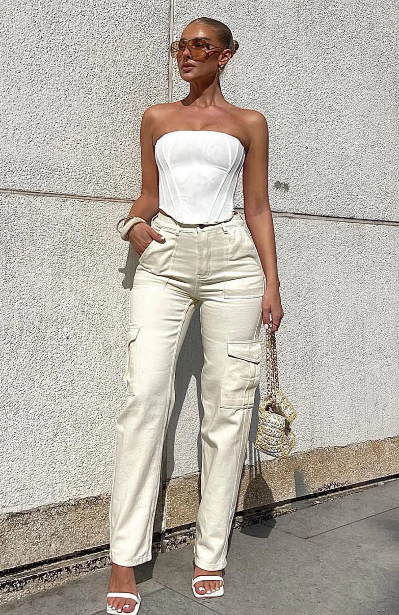 White Fox Boutique Keep On Moving Cargo Pants Cream white Store