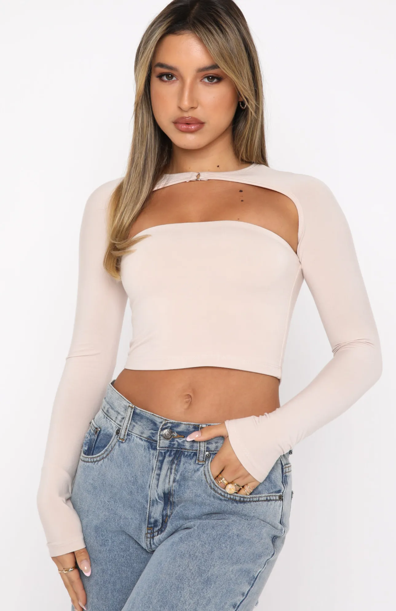 White Fox Boutique Keep Track Long Sleeve Crop nude Best