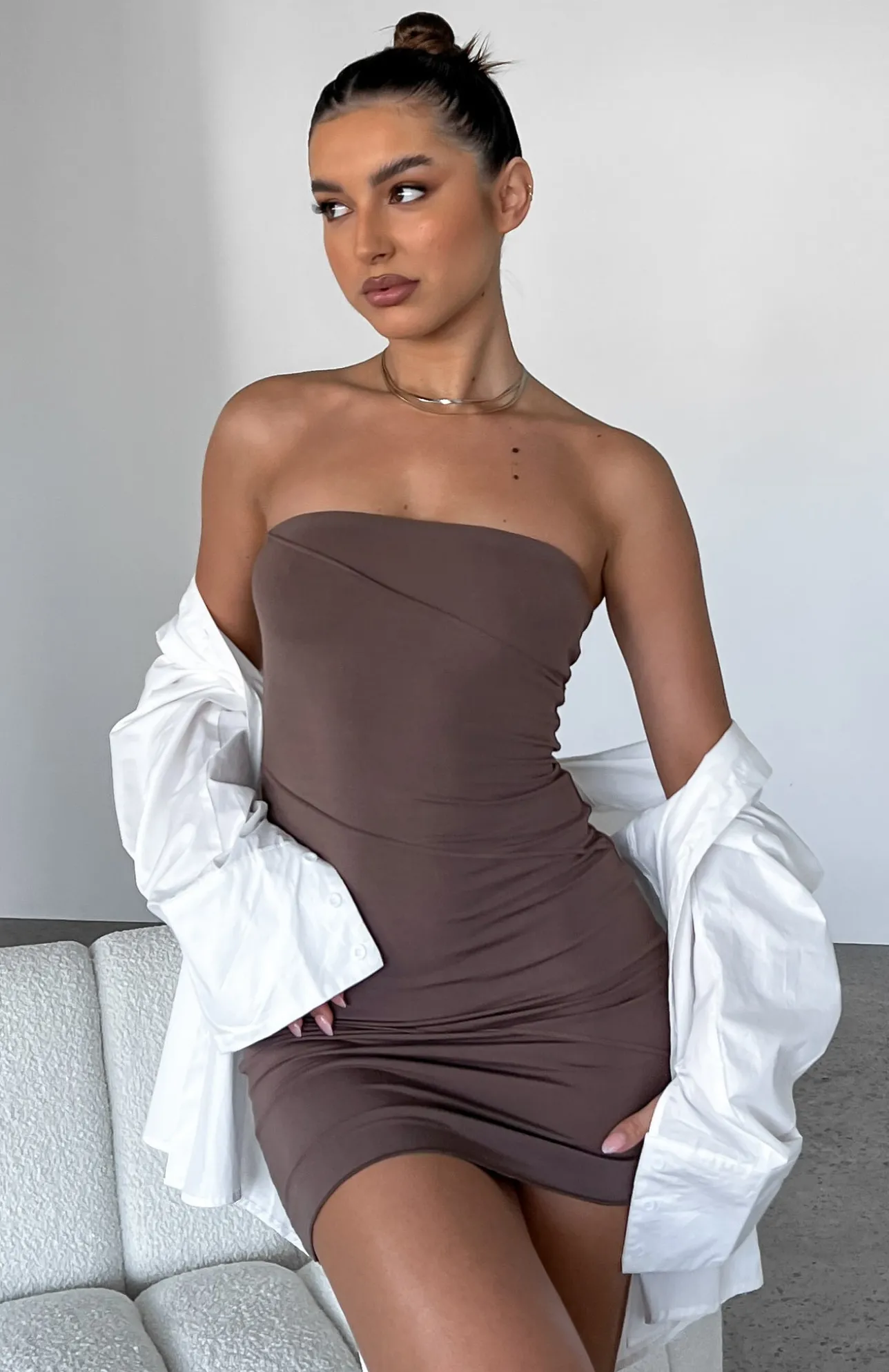 White Fox Boutique Like We Used To Strapless Mini Dress Mocha brown New